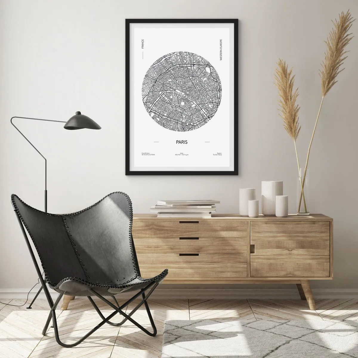 Plagát v čiernom ráme - Minimalistická mapa Paríža v kruhu - 50x70cm - Anatómia Paríža - Moderná nástenná dekorácia do obývacej izby a spálne ARTTOR