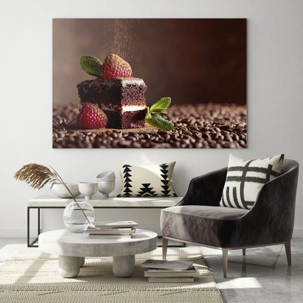 Obraz na skle - Čokoládový dezert s malinami a lístkami mäty - 70x50cm - Život je sladký - Moderná nástenná dekorácia do obývacej izby a spálne ARTTOR