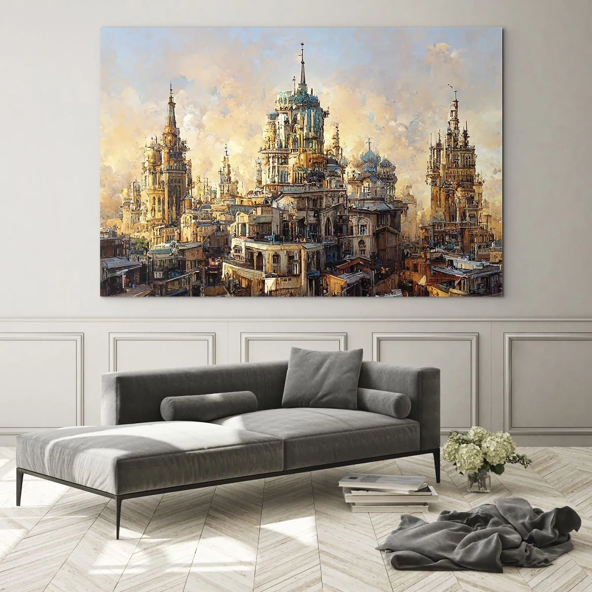 Obraz na skle - Fantastická panoráma mesta s vežami a palácmi - 70x50cm - Mesto miest - Moderná nástenná dekorácia do obývacej izby a spálne ARTTOR