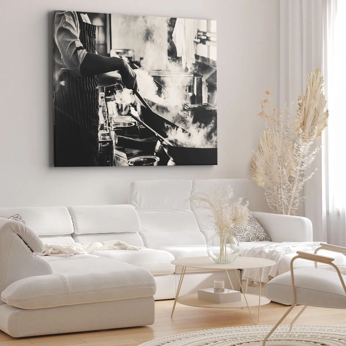 Obraz na plátne - Šéfkuchár pri práci v kuchyni s parou stúpajúcou z panvice - 70x50cm - Alchýmia chutí - Moderná nástenná dekorácia do obývacej izby a spálne ARTTOR