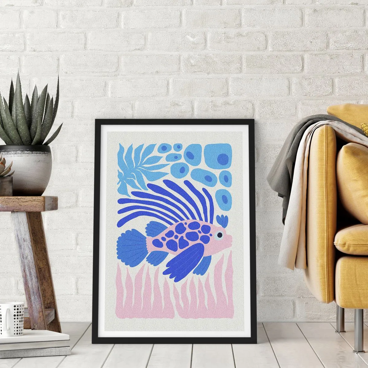 Plagát v čiernom ráme - Štylizované exotické ryby v podvodnom prostredí - 50x70cm - Vo svojom živle - Moderná nástenná dekorácia do obývacej izby a spálne ARTTOR