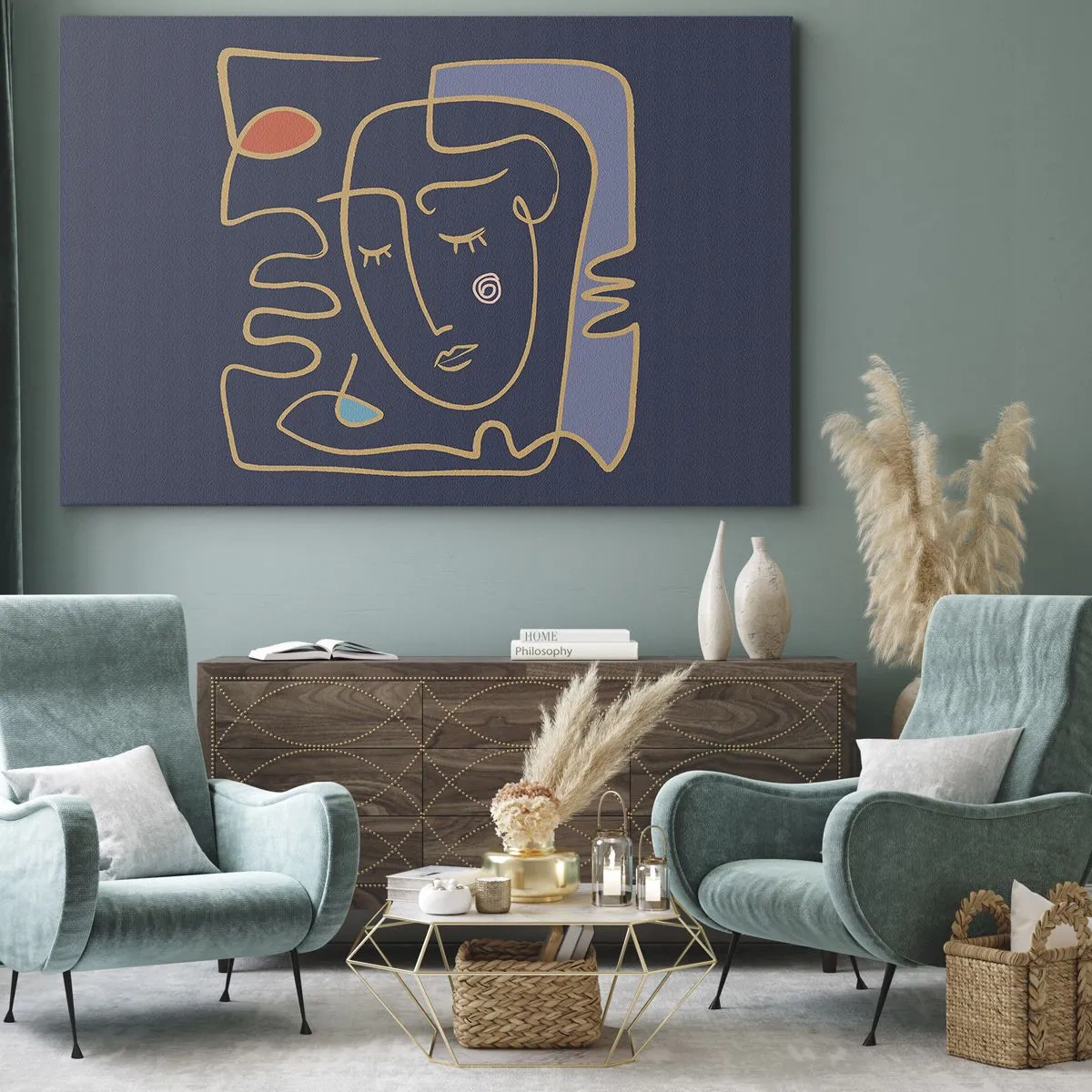 Obraz na plátne - Abstraktný portrét tváre v minimalistickom štýle - 70x50cm - V zádumčivosti - Moderná nástenná dekorácia do obývacej izby a spálne ARTTOR