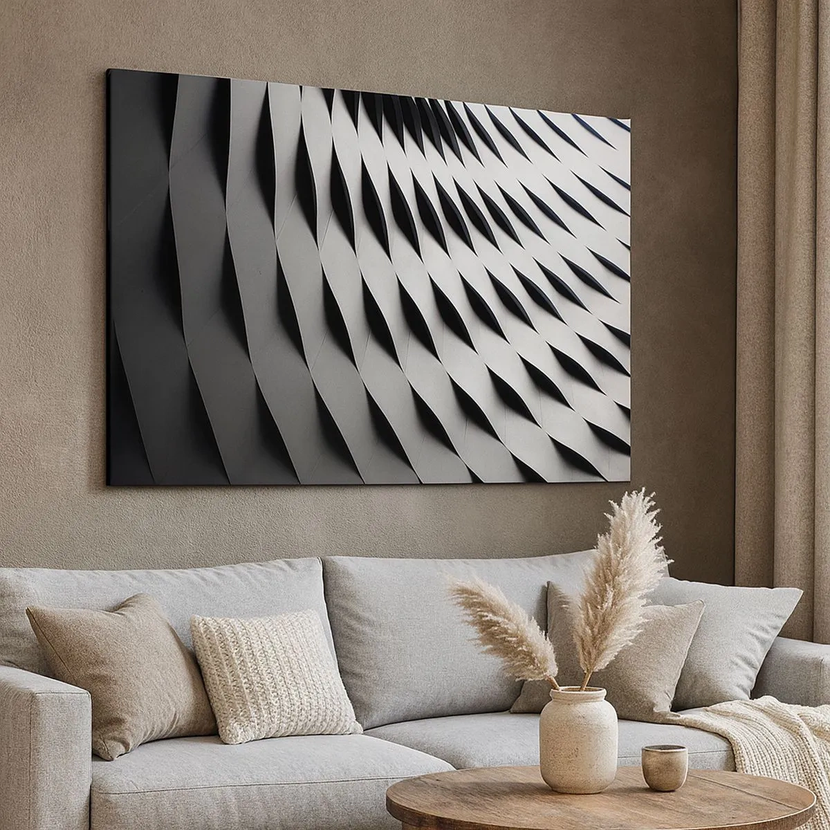 Obraz na plátne - Abstraktný geometrický vzor v odtieňoch čiernej a bielej - 70x50cm - Na hladine vĺn - Moderná nástenná dekorácia do obývacej izby a spálne ARTTOR