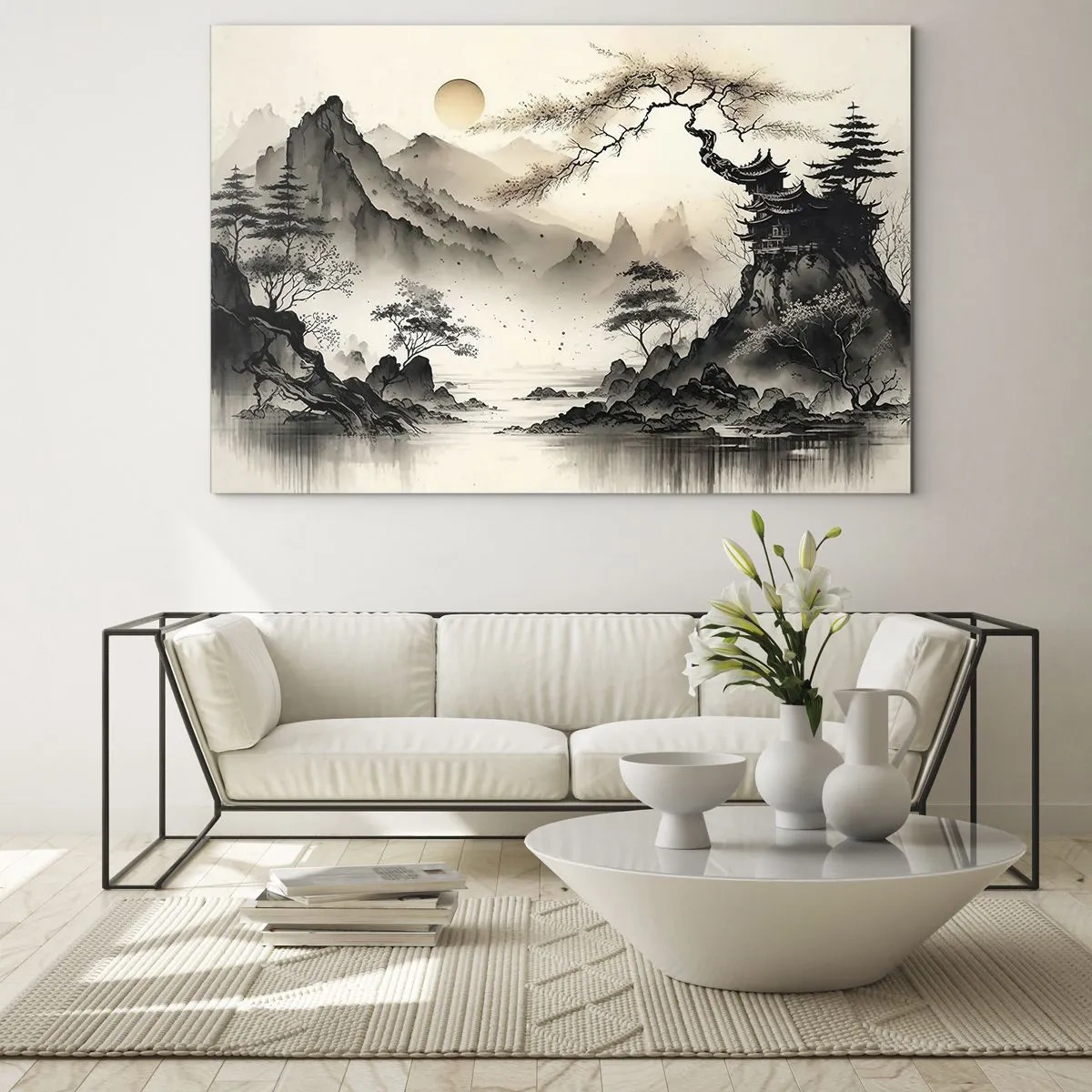 Obraz na skle - Orientálna horská krajina s pagodou a stromami - 70x50cm - Jedinečné kúzlo orientu - Moderná nástenná dekorácia do obývacej izby a spálne ARTTOR