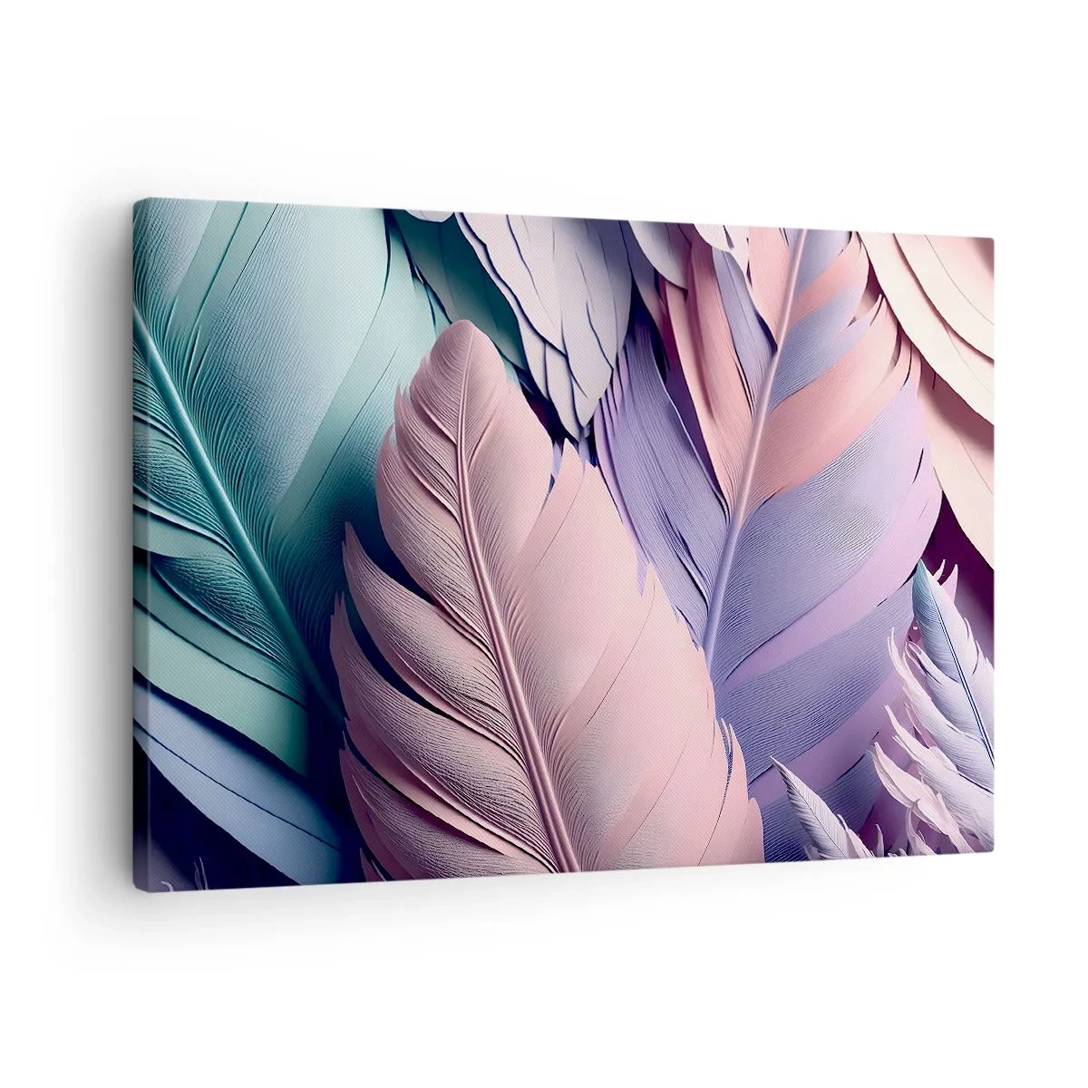 Obraz na plátne - Farebné perie v pastelových odtieňoch na svetlom pozadí - 70x50cm - Vtáčí štýl - Moderná nástenná dekorácia do obývacej izby a spálne ARTTOR