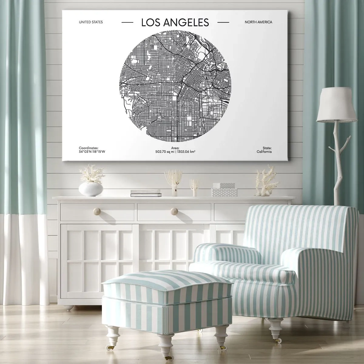 Obraz na plátne - Mapa Los Angeles v minimalistickom čiernobielom štýle - 70x50cm - Anatómia Los Angelesu - Moderná nástenná dekorácia do obývacej izby a spálne ARTTOR