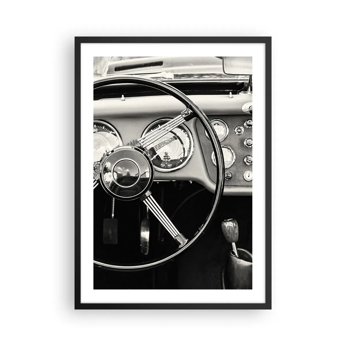 Plagát v čiernom ráme - Interiér veterána v monochromatickom štýle - 50x70cm - Sen zberateľov - Moderná nástenná dekorácia do obývacej izby a spálne ARTTOR