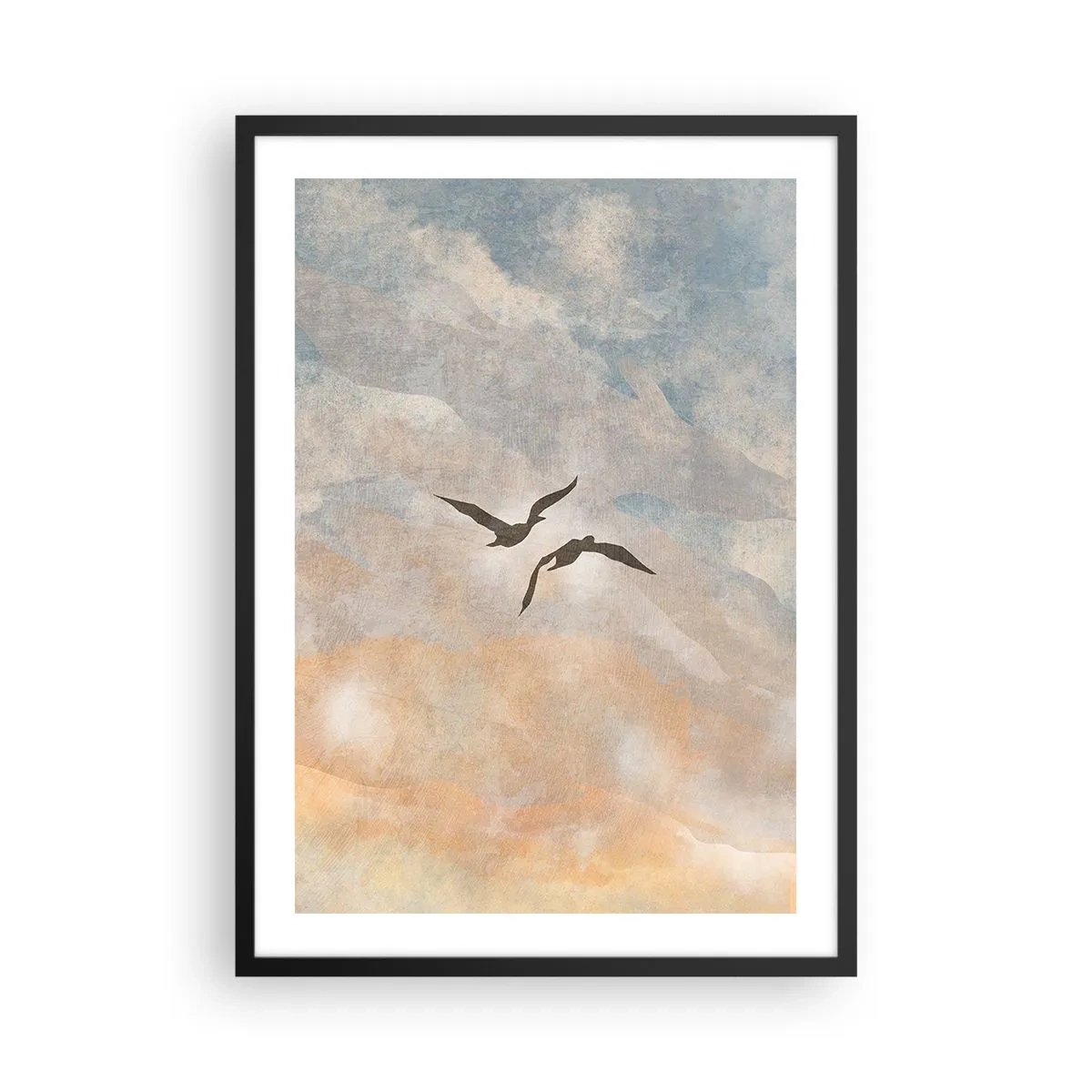 Plagát v čiernom ráme - Dva vtáky letiace proti oblohe, v jemných odtieňoch modrej a oranžovej. - 50x70cm - Nebeský tanec - Moderná nástenná dekorácia do obývacej izby a spálne ARTTOR