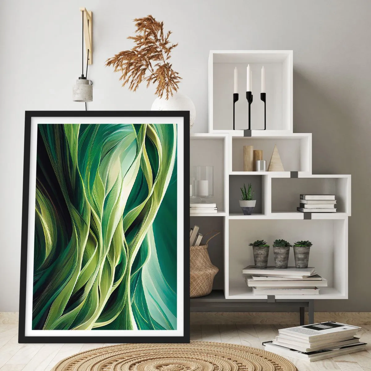 Plagát v čiernom ráme - Abstraktná kompozícia organických, zelených tvarov. - 50x70cm - Abstraktná hra na zelenú - Moderná nástenná dekorácia do obývacej izby a spálne ARTTOR