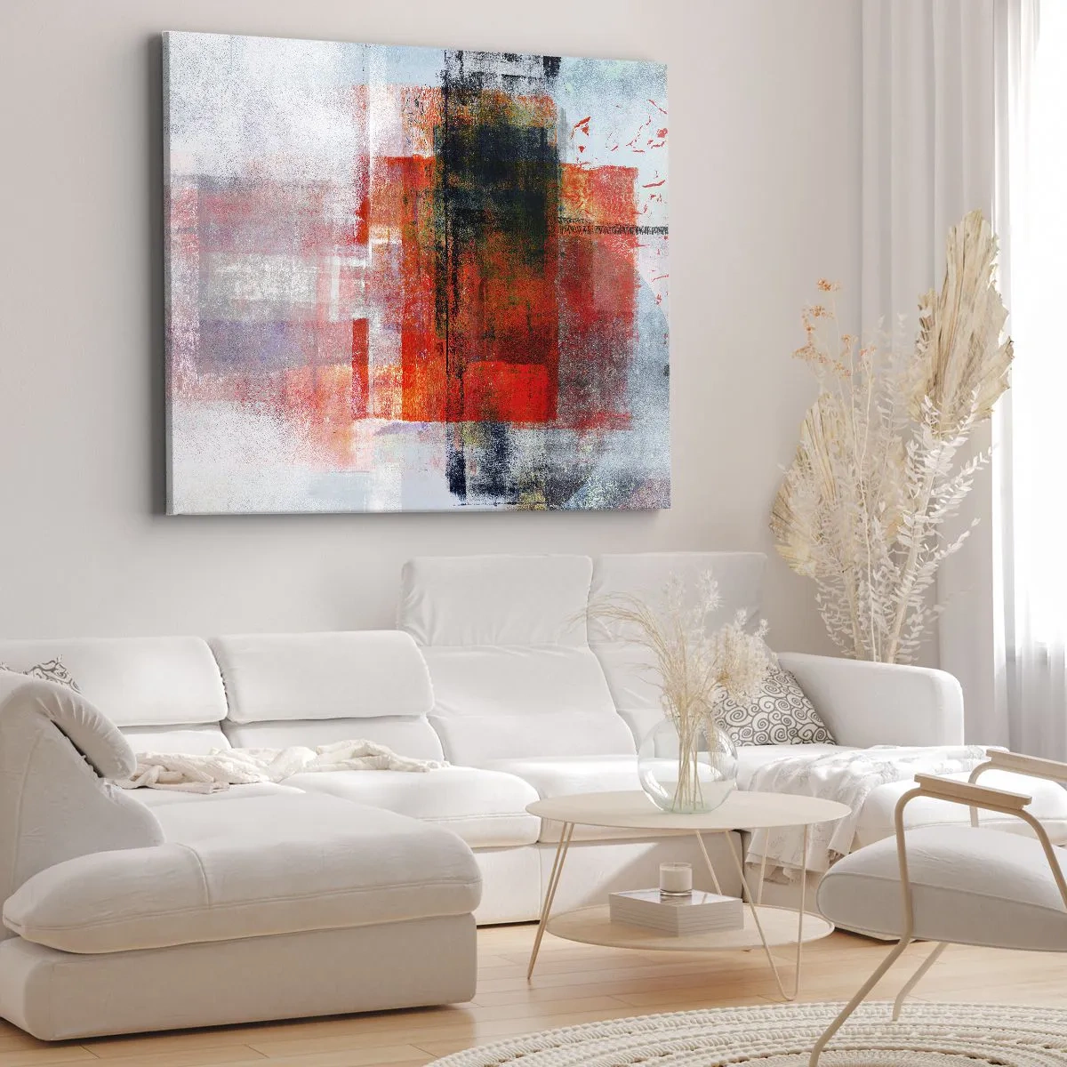 Obraz na plátne - Abstraktná geometrická kompozícia s červenými a oranžovými akcentmi - 70x50cm - Žiariaca kompozícia - Moderná nástenná dekorácia do obývacej izby a spálne ARTTOR