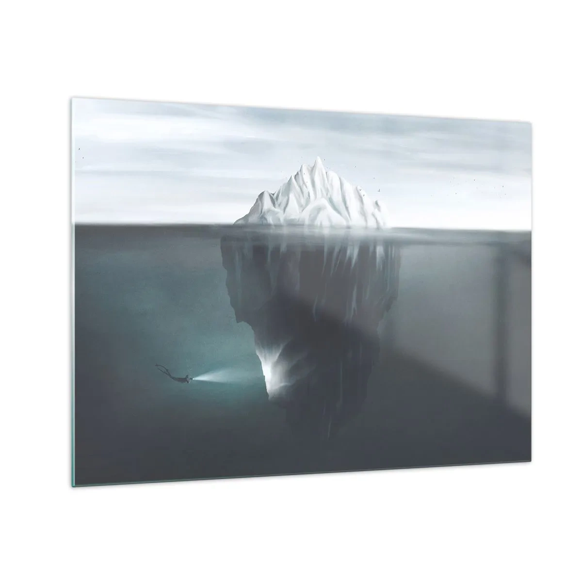 Obraz na skle - Ľadovec s potápačom skúmajúcim podvodnú časť - 70x50cm - Podvodné tajomstvo - Moderná nástenná dekorácia do obývacej izby a spálne ARTTOR