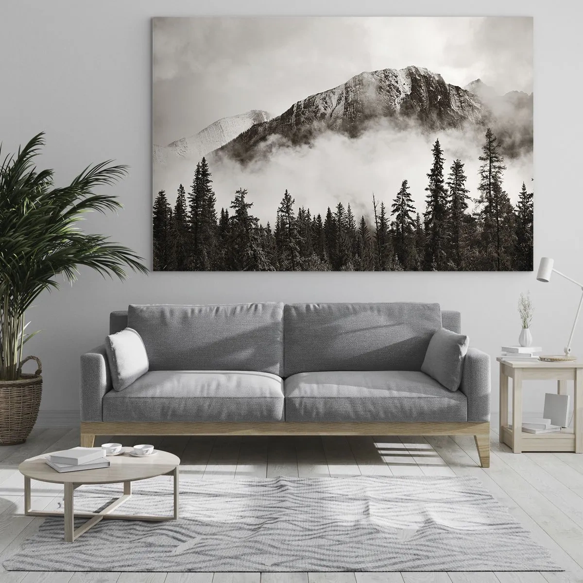 Obraz na skle - Horská krajina s lesom a hmlou v sépiových tónoch - 70x50cm - Žulový panovník - Moderná nástenná dekorácia do obývacej izby a spálne ARTTOR