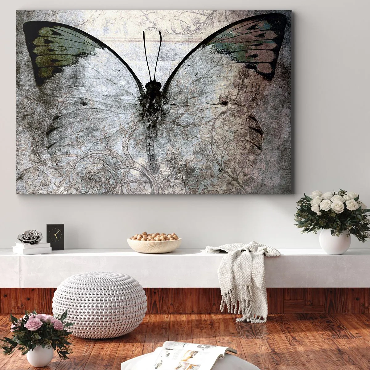 Obraz na plátne - Motýľ v odtieňoch zelenej a sivej na dekoratívnom pozadí - 70x50cm - V secesnom štýle - Moderná nástenná dekorácia do obývacej izby a spálne ARTTOR