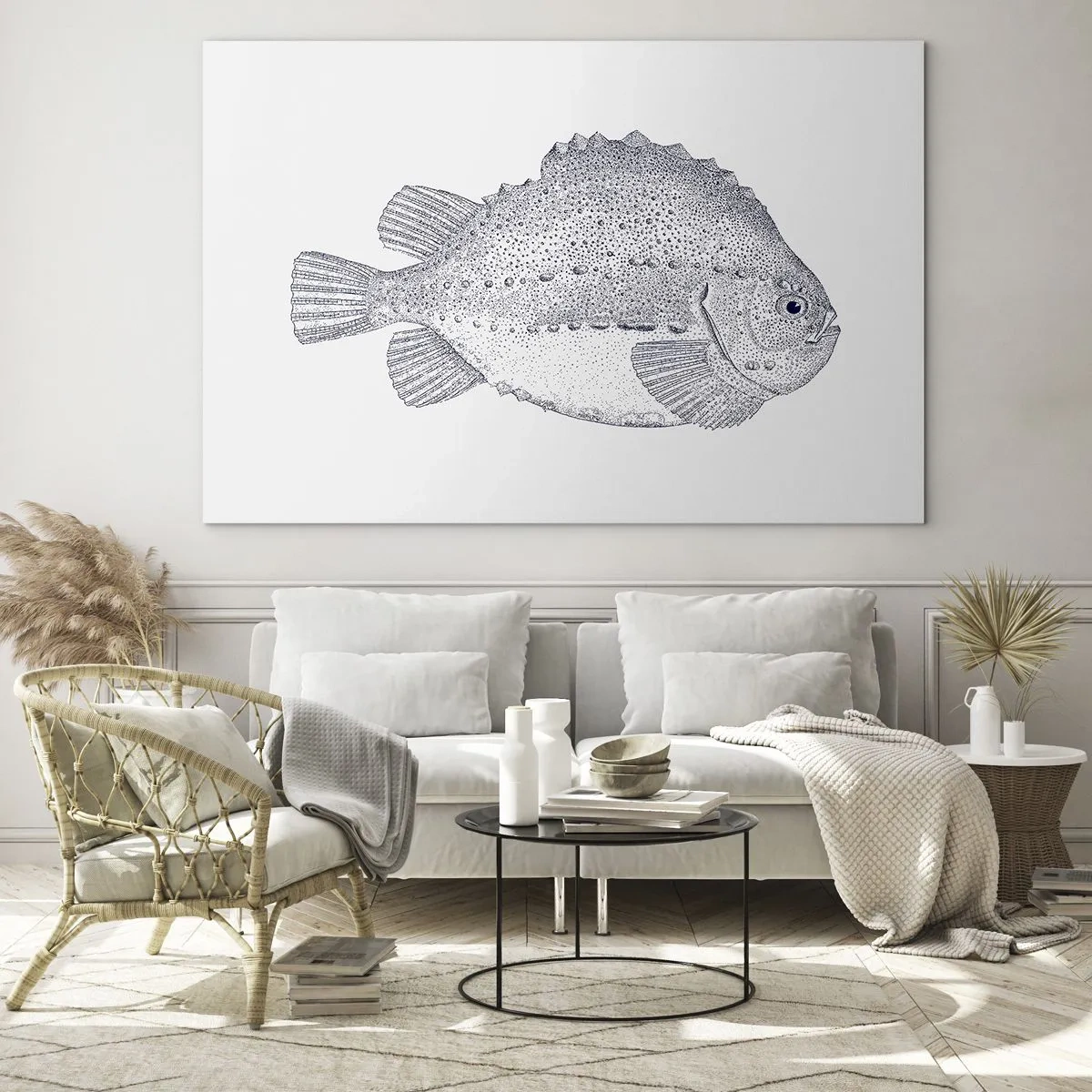 Obraz na skle - Detailná rytina ryby na bielom pozadí v prírodnom štýle - 70x50cm - Do albumu prírodovedca - Moderná nástenná dekorácia do obývacej izby a spálne ARTTOR