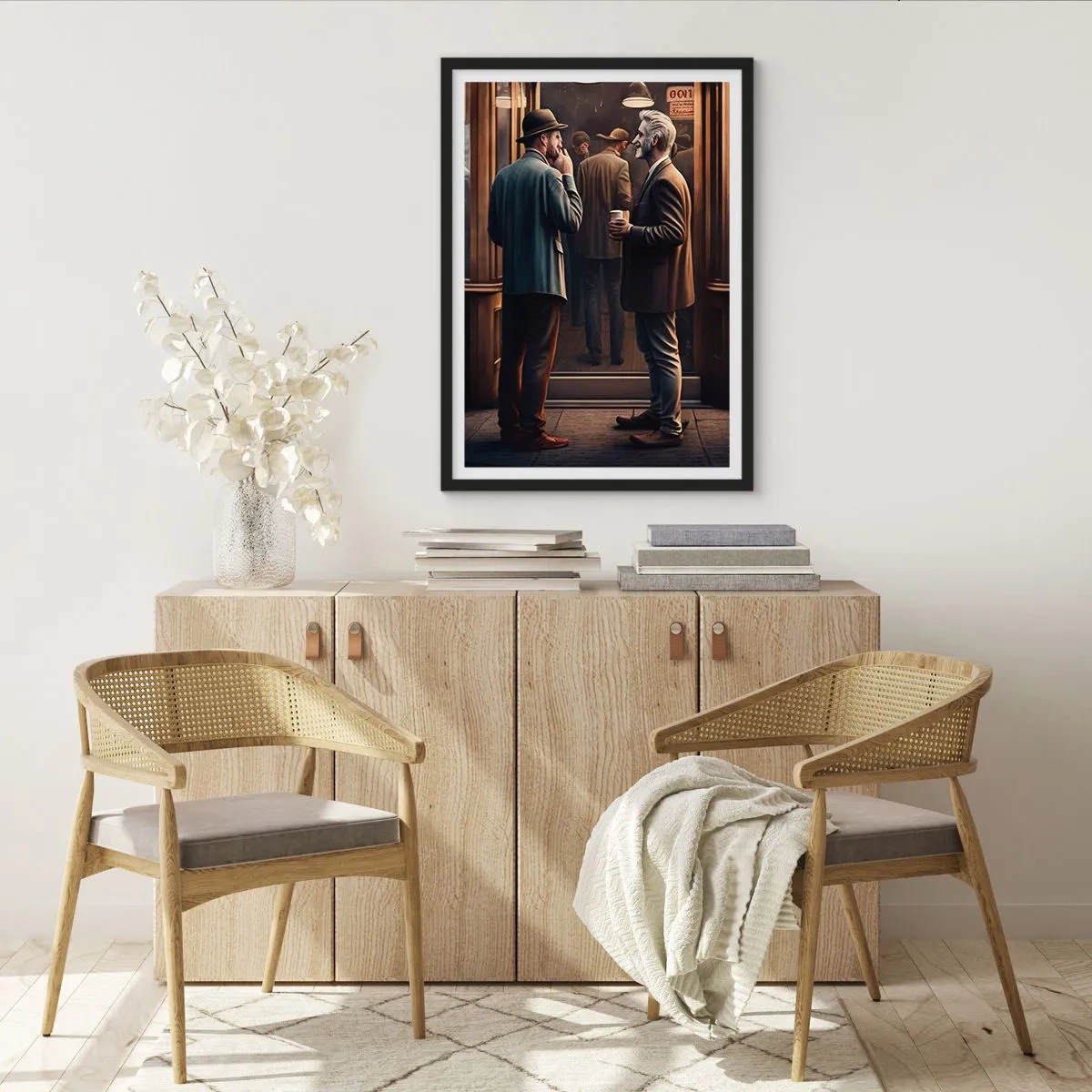 Plagát v čiernom ráme - Dvaja elegantní muži sa rozprávajú pred kaviarňou - 50x70cm - Dobrá chvíľa dňa - Moderná nástenná dekorácia do obývacej izby a spálne ARTTOR