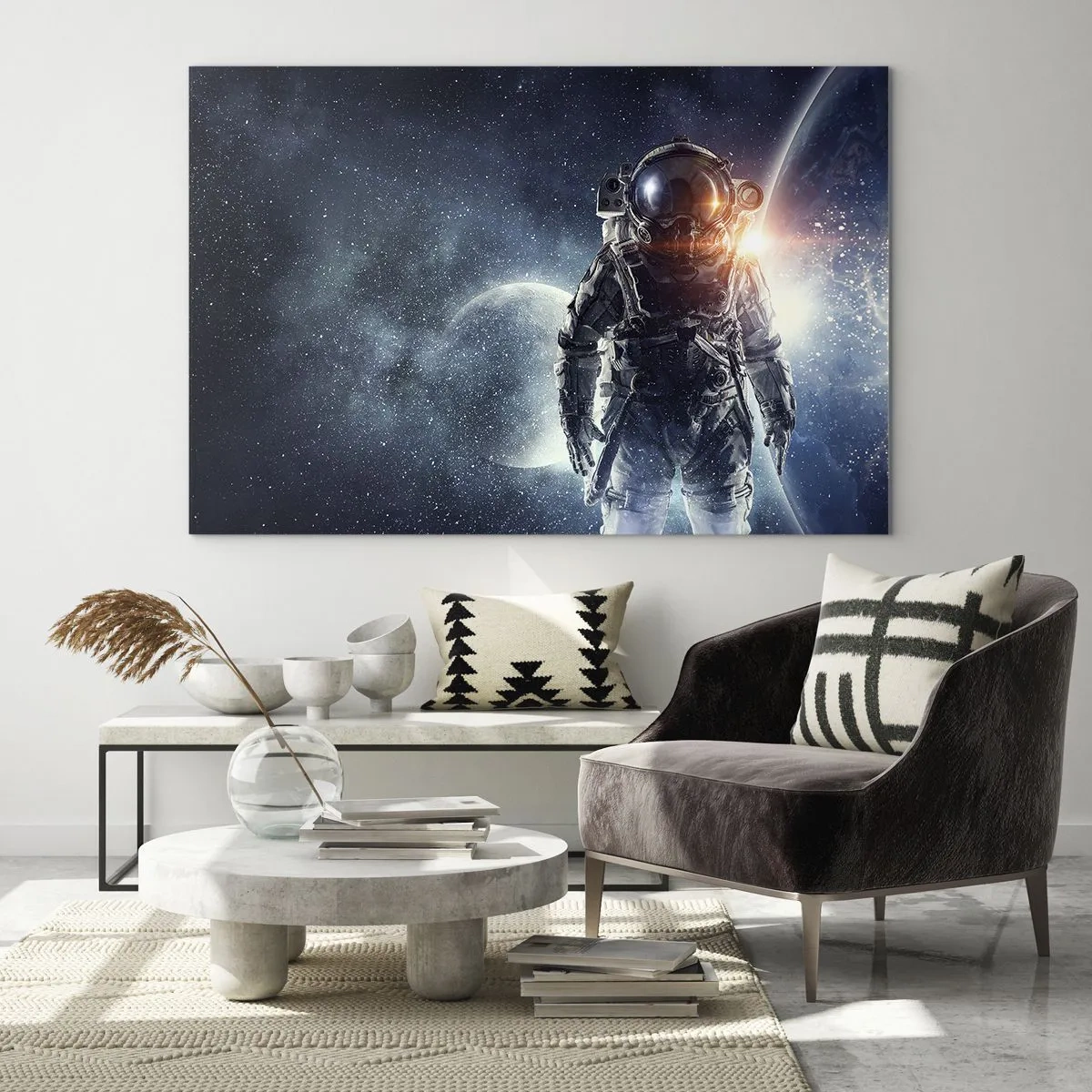 Obraz na skle - Astronaut na pozadí planét a hviezd - 70x50cm - Vesmírne dobrodružstvo - Moderná nástenná dekorácia do obývacej izby a spálne ARTTOR