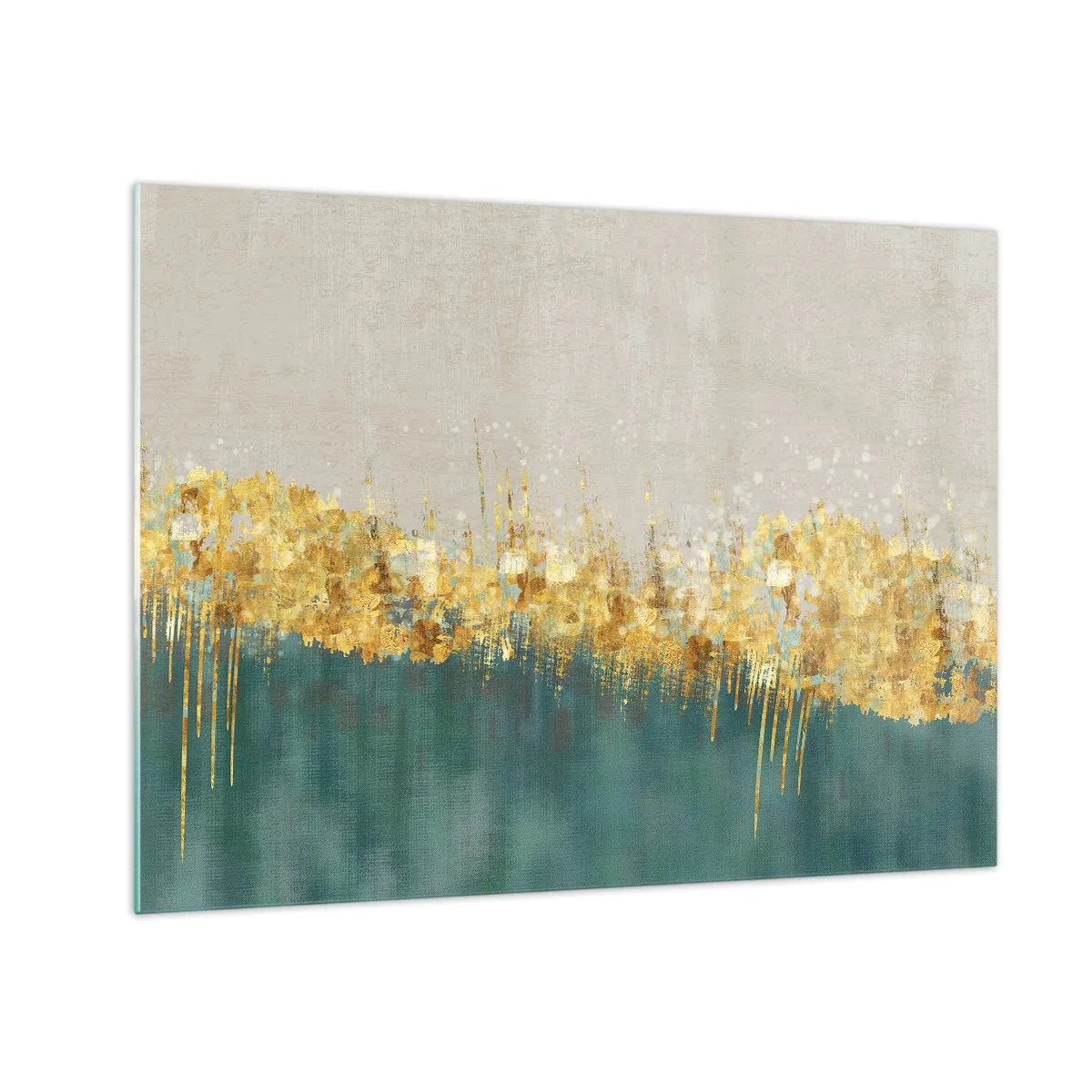 Obraz na skle - Zlaté akcenty vytvárajú hranicu medzi béžovou a fľaškovozelenou - 70x50cm - Zlatá hranica - Moderná nástenná dekorácia do obývacej izby a spálne ARTTOR