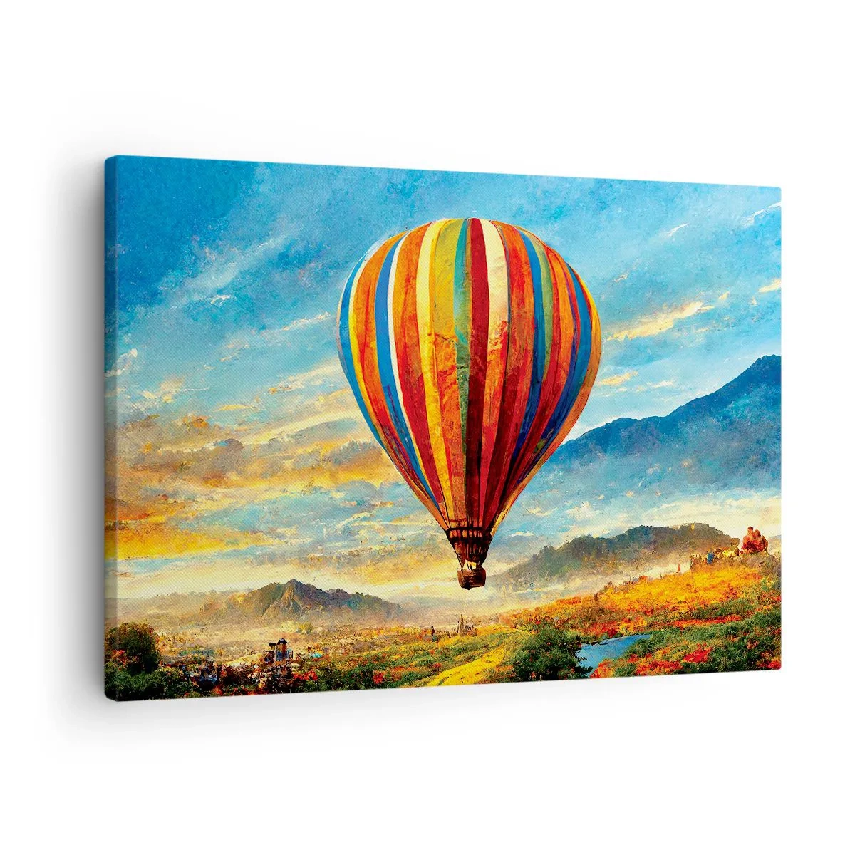 Obraz na plátne - Farebný balón nad malebnou krajinou - 70x50cm - V tichu je toho vidieť viac - Moderná nástenná dekorácia do obývacej izby a spálne ARTTOR
