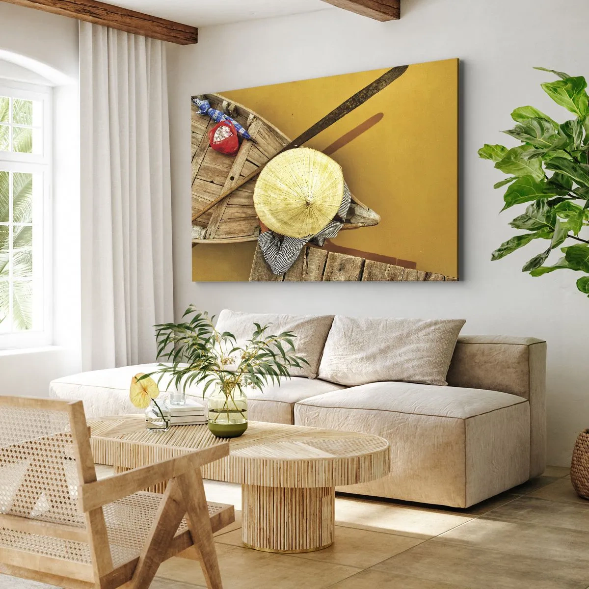 Obraz na plátne - Tradičná loď z vtáčej perspektívy - 70x50cm - Život na žltej rieke - Moderná nástenná dekorácia do obývacej izby a spálne ARTTOR