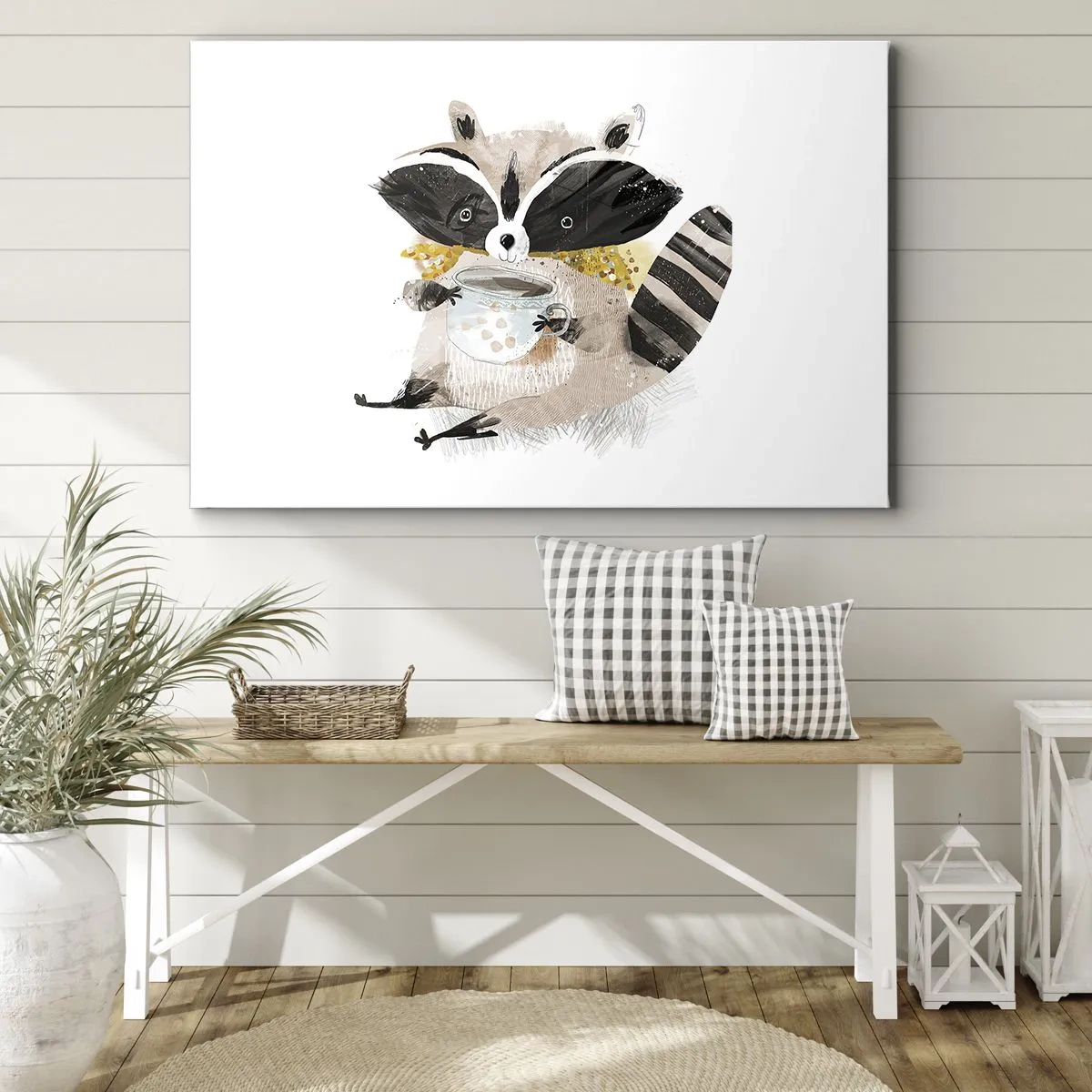 Obraz na plátne - Rozkošný mýval drží pastelovo sfarbený hrnček - 70x50cm - Môj priateľ mýval - Moderná nástenná dekorácia do obývacej izby a spálne ARTTOR