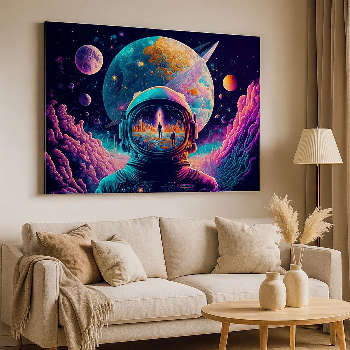 Obraz na plátne - Astronaut vo vesmíre s farebnou planetárnou krajinou - 70x50cm - Filozofom sa to ani nesnívalo - Moderná nástenná dekorácia do obývacej izby a spálne ARTTOR