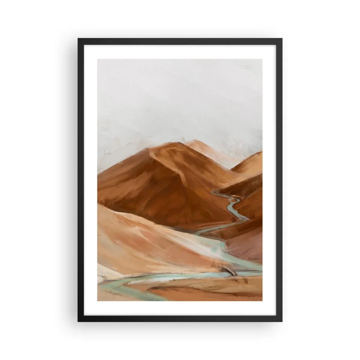 Plagát v čiernom ráme - Rieka pretekajúca hnedými horami, štylizovaná krajina - 50x70cm - K prameňu - Moderná nástenná dekorácia do obývacej izby a spálne ARTTOR