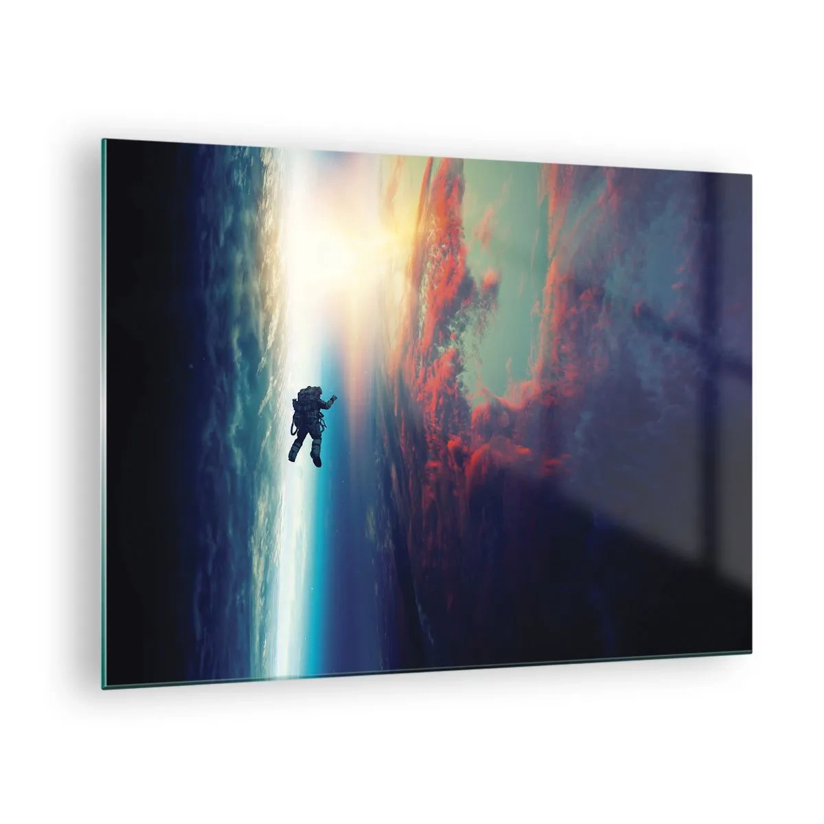 Obraz na skle - Astronaut unášaný vesmírom smerom k svetlu - 70x50cm - Tvárou v tvár vesmíru - Moderná nástenná dekorácia do obývacej izby a spálne ARTTOR