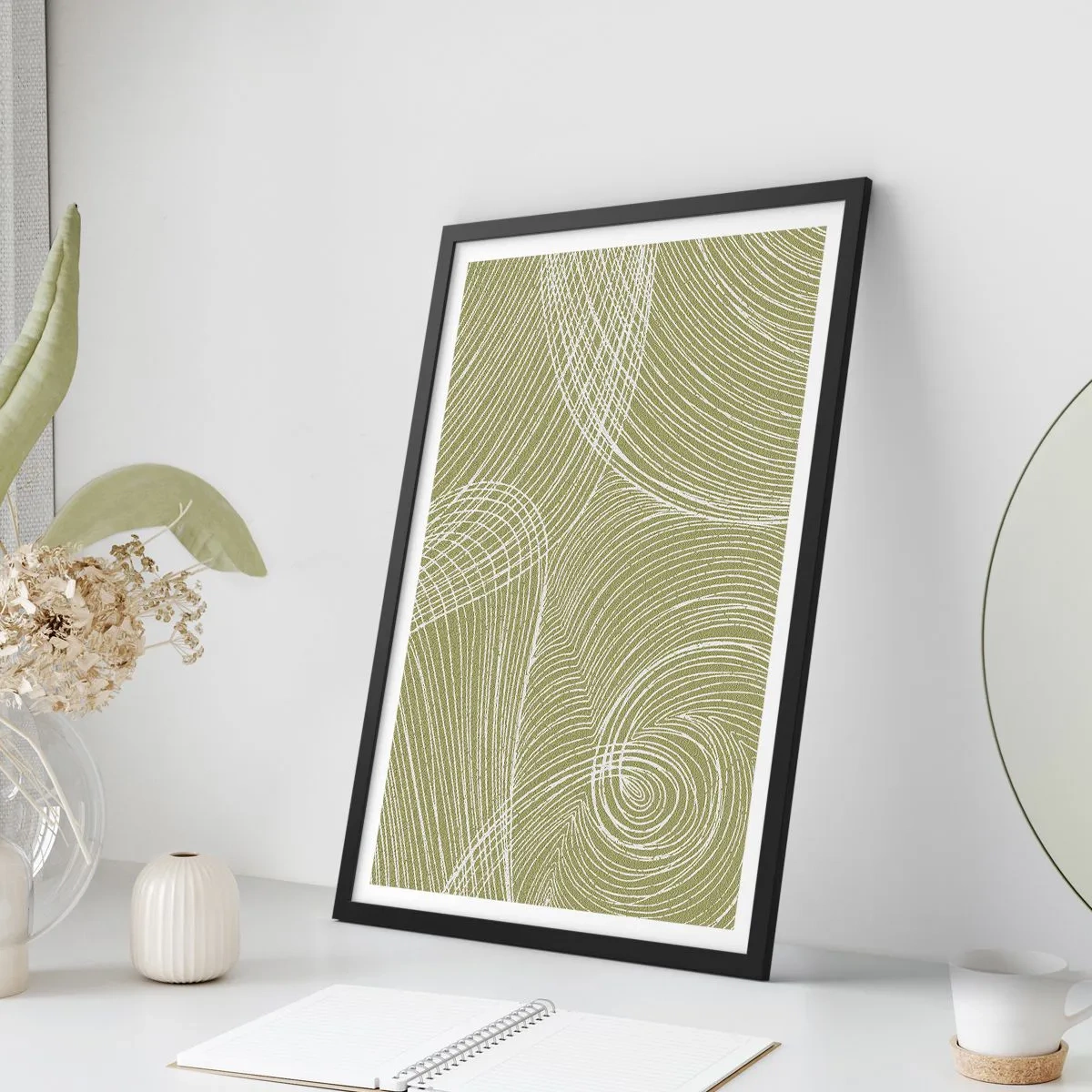 Plagát v čiernom ráme - Abstraktná kompozícia v odtieňoch zelenej s dynamickými líniami. - 50x70cm - Majstrovská abstrakcia v bielej - Moderná nástenná dekorácia do obývacej izby a spálne ARTTOR