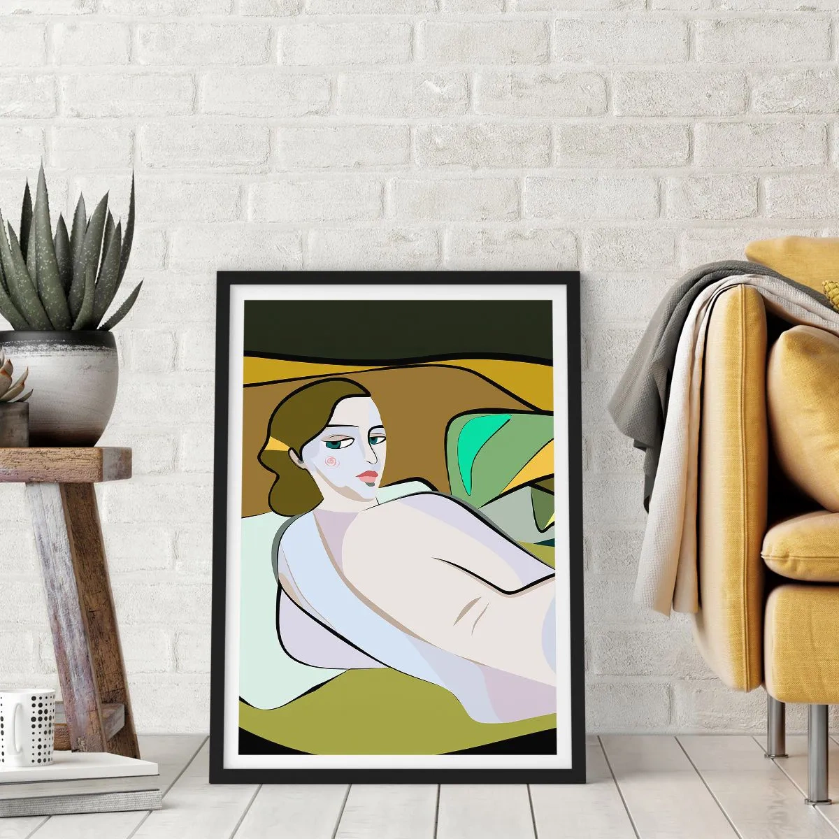 Plagát v čiernom ráme - Žena v abstraktnom štýle na zelenom a hnedom pozadí - 50x70cm - Intímny portrét - Moderná nástenná dekorácia do obývacej izby a spálne ARTTOR