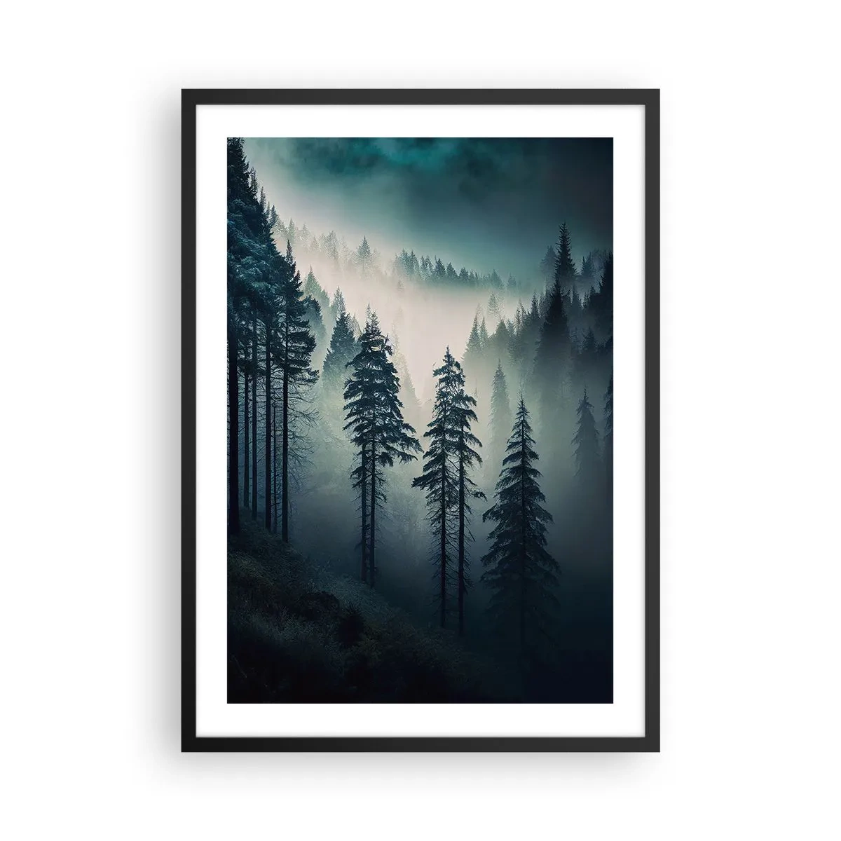 Plagát v čiernom ráme - Tmavý les zahalený v hmle - 50x70cm - Horské ráno - Moderná nástenná dekorácia do obývacej izby a spálne ARTTOR