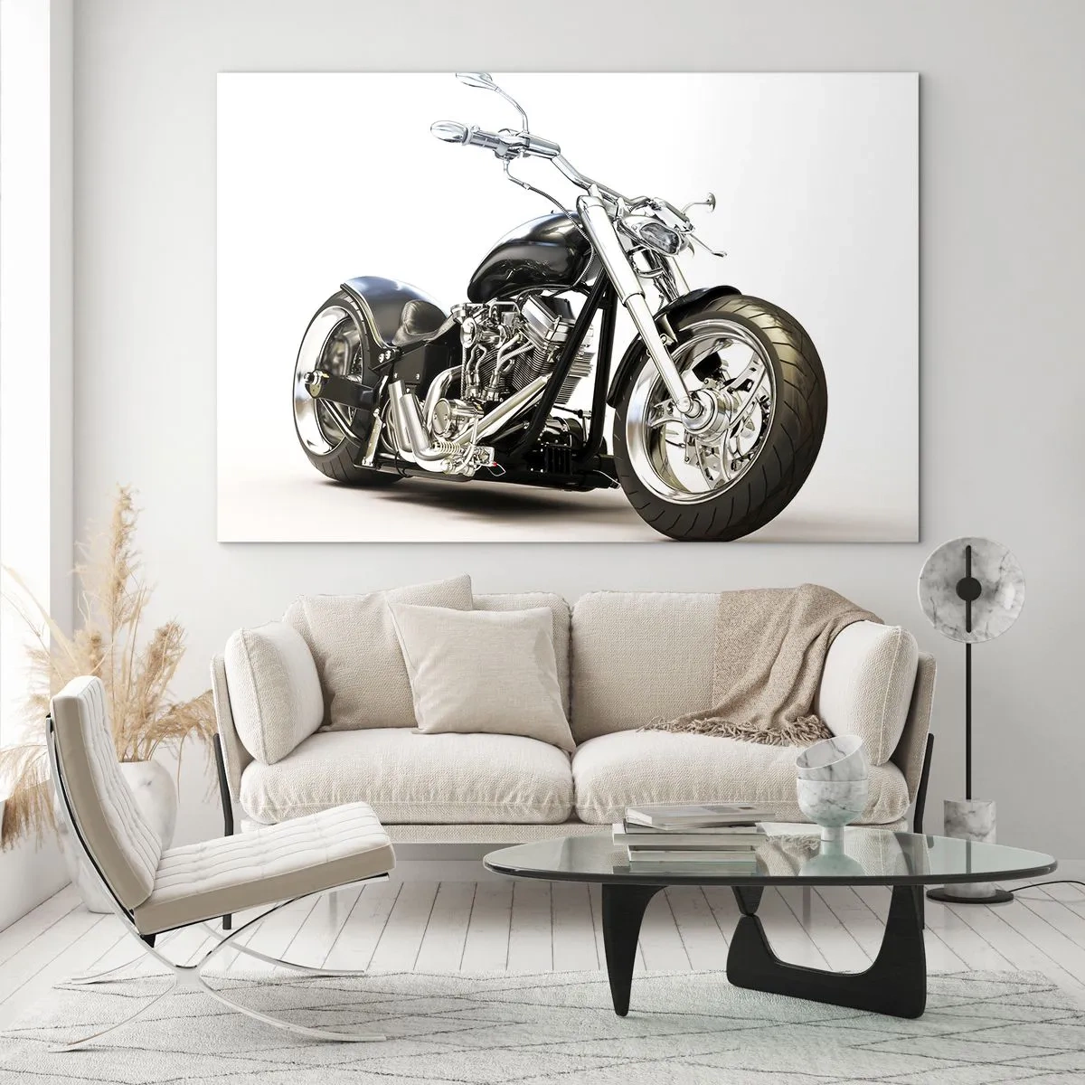 Obraz na skle - Čierny chopper motocykel na svetlom pozadí - 70x50cm - Sila s charakterom - Moderná nástenná dekorácia do obývacej izby a spálne ARTTOR
