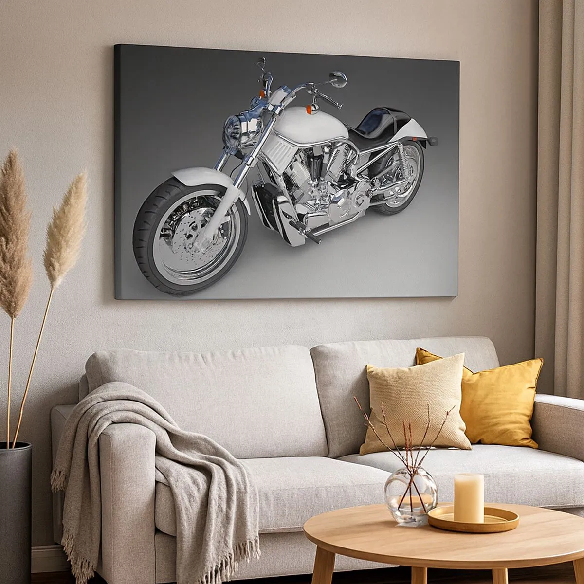 Obraz na plátne - Biely cruiser motocykel na sivom pozadí - 70x50cm - Až si chcete kľaknúť - Moderná nástenná dekorácia do obývacej izby a spálne ARTTOR