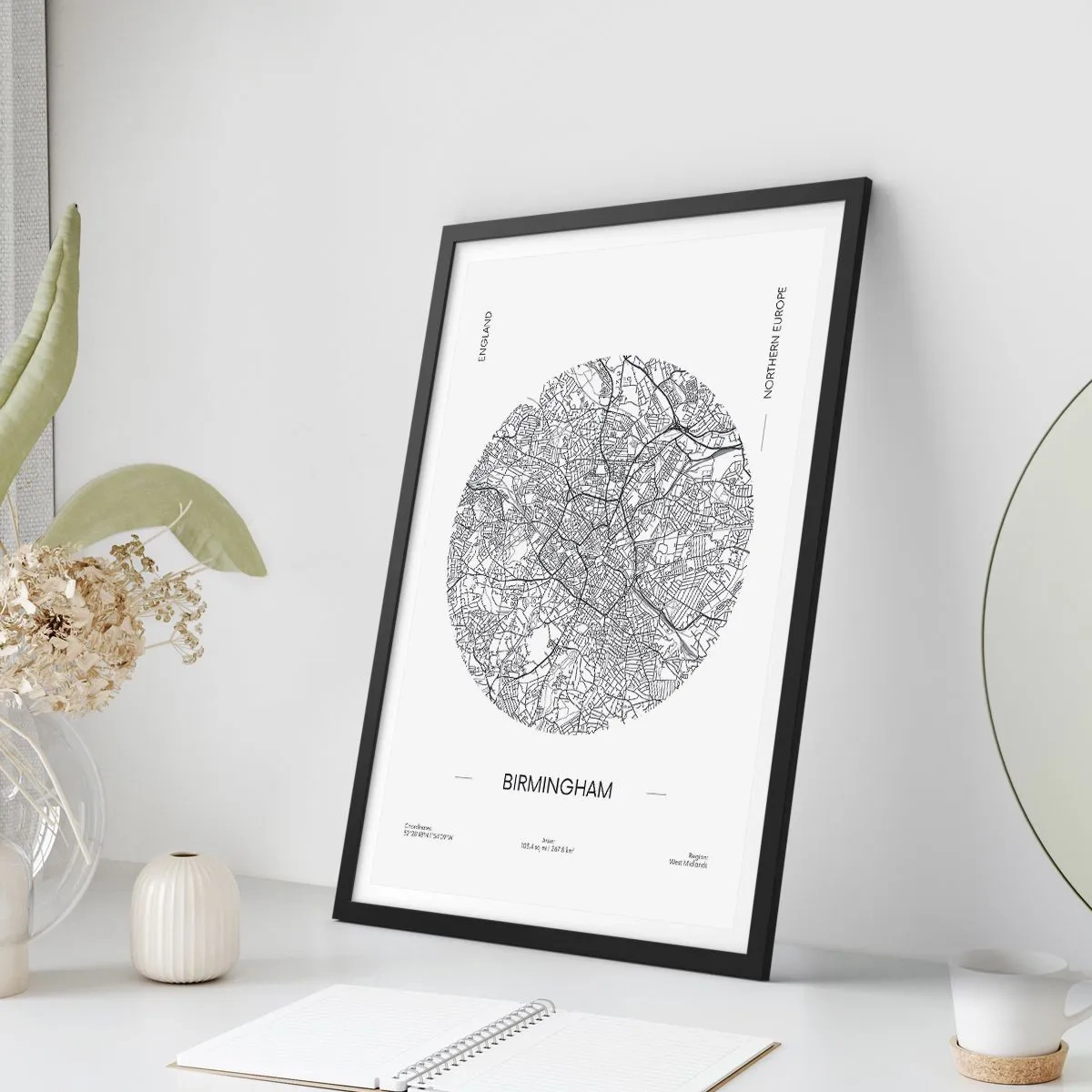 Plagát v čiernom ráme - Minimalistická čiernobiela mapa Birminghamu - 50x70cm - Anatómia Birminghamu - Moderná nástenná dekorácia do obývacej izby a spálne ARTTOR