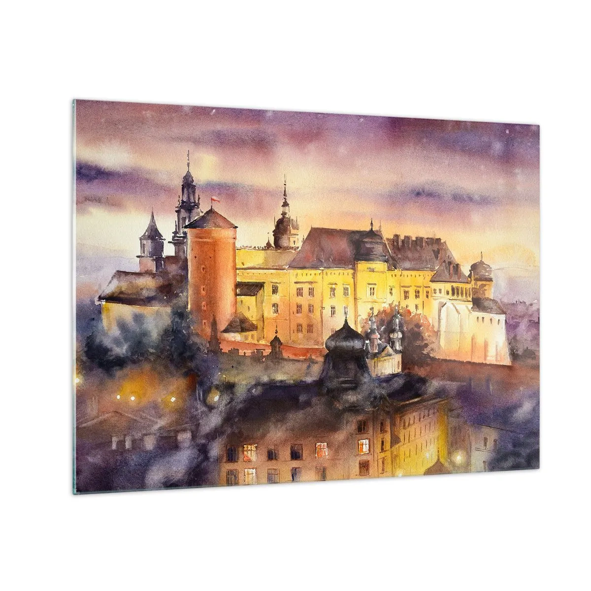 Obraz na skle - Akvarelová ilustrácia hradu na kopci pri západe slnka - 70x50cm - Dejiny a rozprávka - Moderná nástenná dekorácia do obývacej izby a spálne ARTTOR