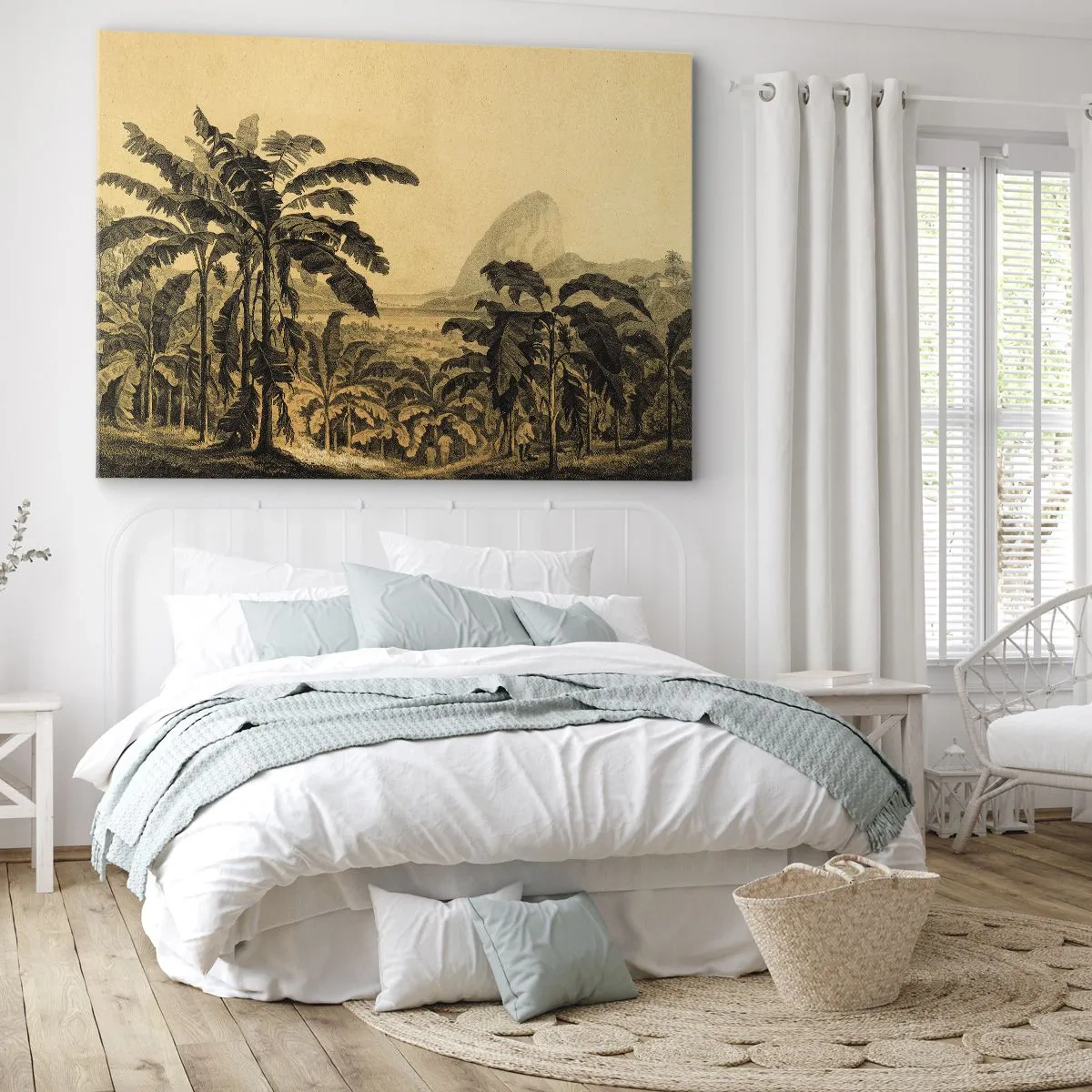 Obraz na plátne - Kresba banánových stromov na pozadí tropickej krajiny - 70x50cm - V koloniálnom štýle - Moderná nástenná dekorácia do obývacej izby a spálne ARTTOR