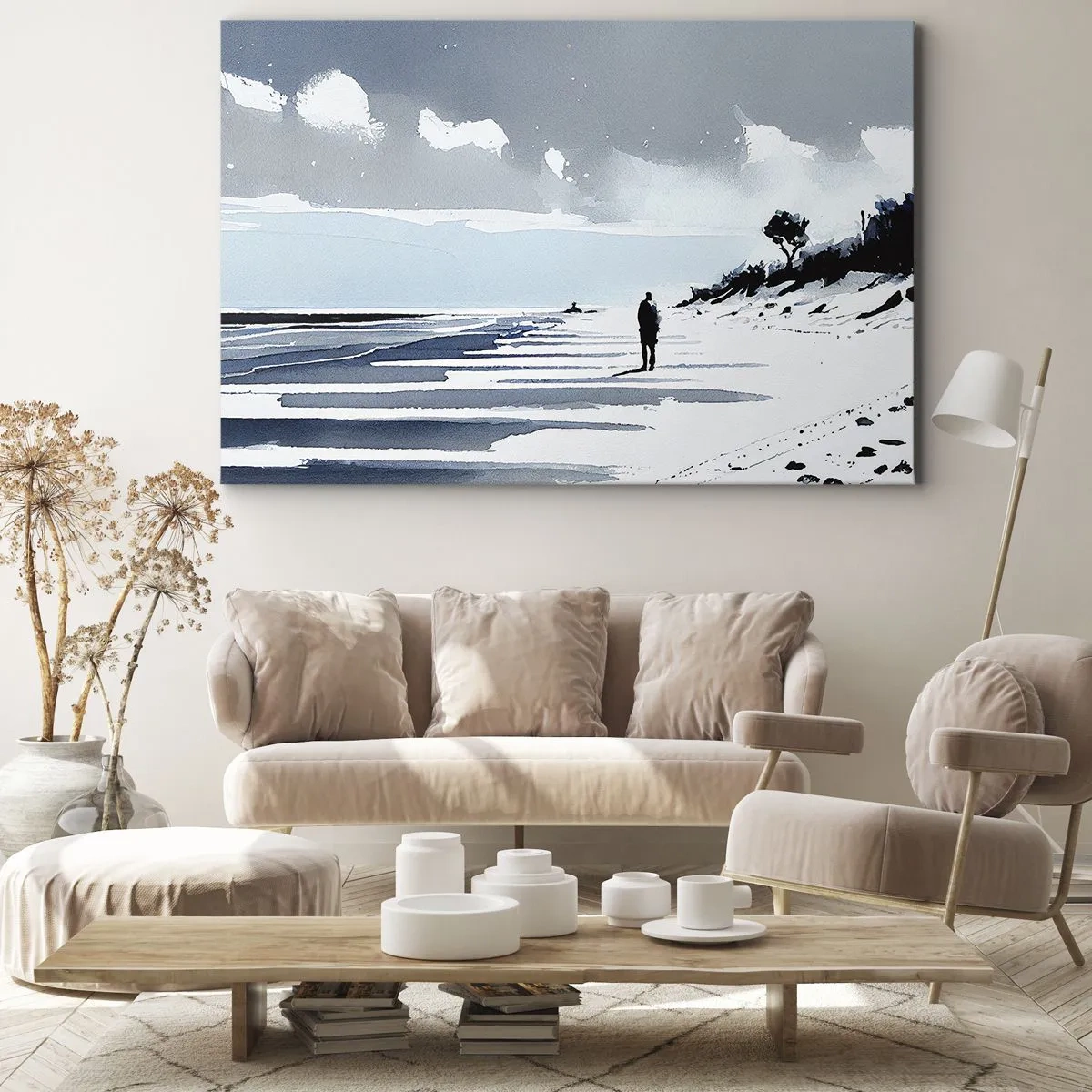 Obraz na plátne - Osamelá postava kráčajúca po prázdnej pláži - 70x50cm - O samote - Moderná nástenná dekorácia do obývacej izby a spálne ARTTOR