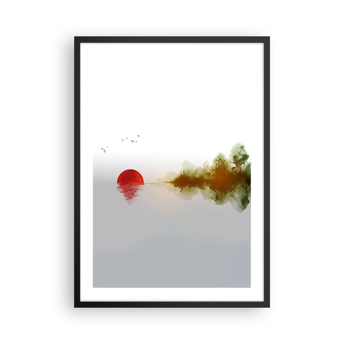 Plagát v čiernom ráme - Minimalistická krajina s červeným slnkom a jazerom. - 50x70cm - Prísľub pokoja - Moderná nástenná dekorácia do obývacej izby a spálne ARTTOR