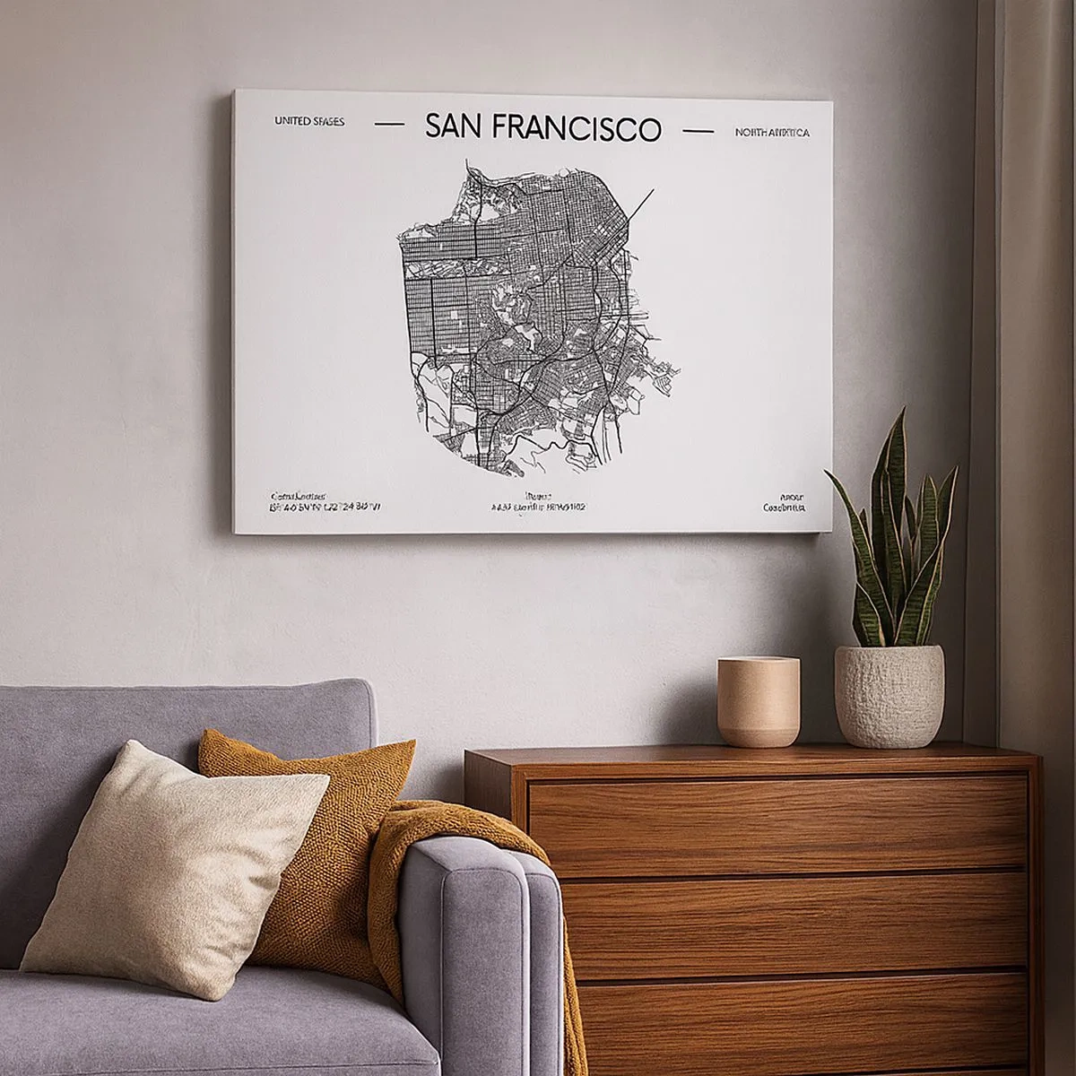 Obraz na plátne - Mapa San Francisca v čiernobielom minimalistickom štýle. - 70x50cm - Anatómia San Francisca - Moderná nástenná dekorácia do obývacej izby a spálne ARTTOR