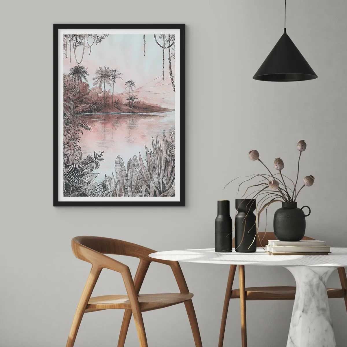 Plagát v čiernom ráme - Exotická krajina pri vode - 50x70cm - Denník cestovateľa z 19. storočia - Moderná nástenná dekorácia do obývacej izby a spálne ARTTOR