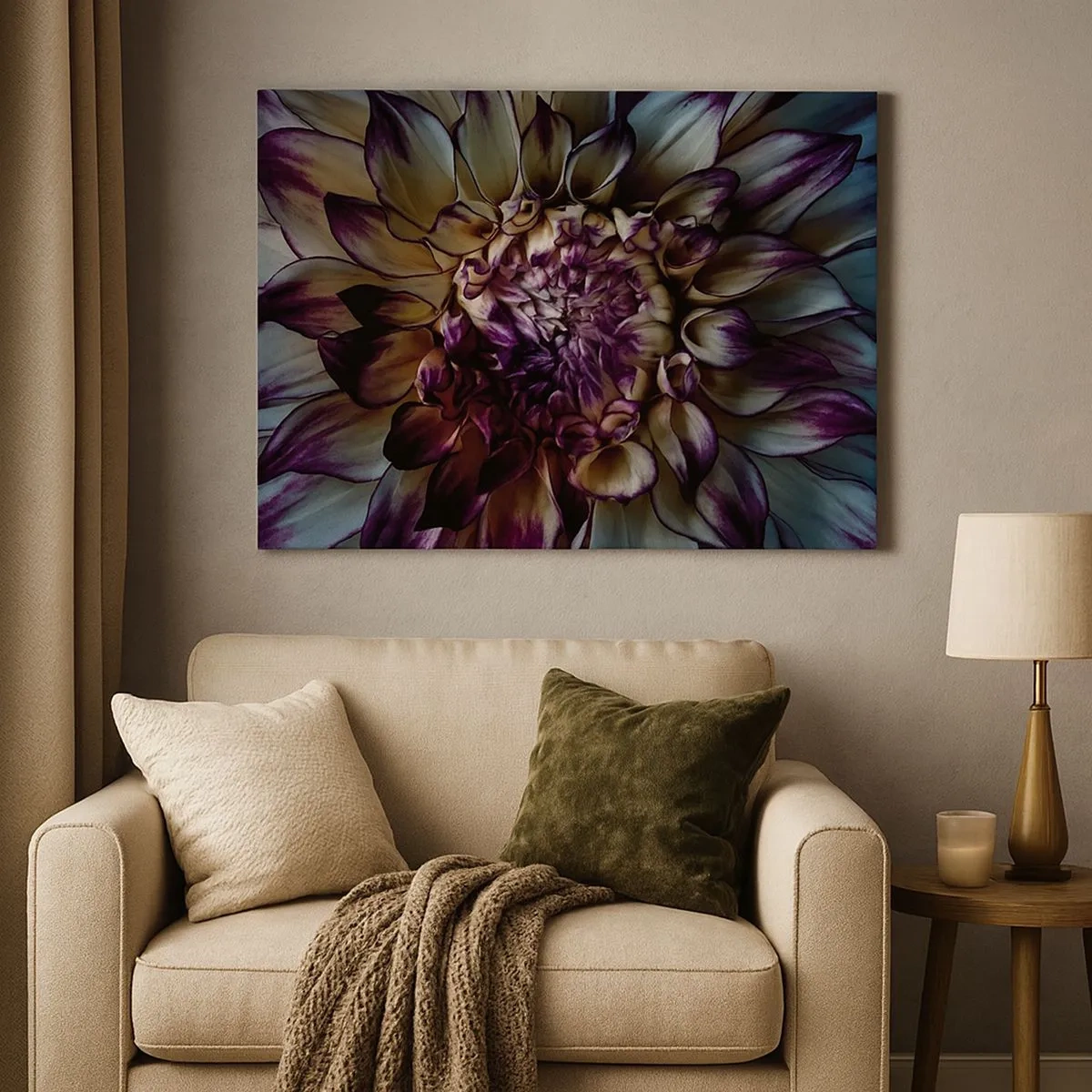 Obraz na plátne - Detailný záber na kvet dahlia v tmavých tónoch - 70x50cm - Rozkvet mladosti - Moderná nástenná dekorácia do obývacej izby a spálne ARTTOR