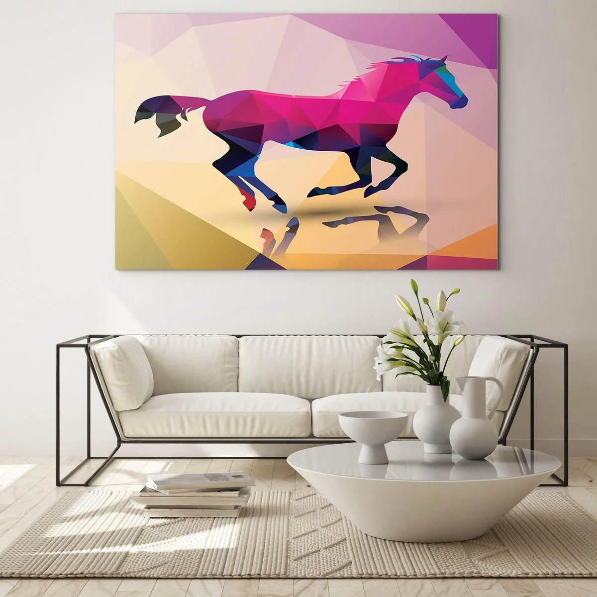 Obraz na skle - Geometrický kôň v farebnej abstrakcii - 70x50cm - Kubizmus stále živý - Moderná nástenná dekorácia do obývacej izby a spálne ARTTOR