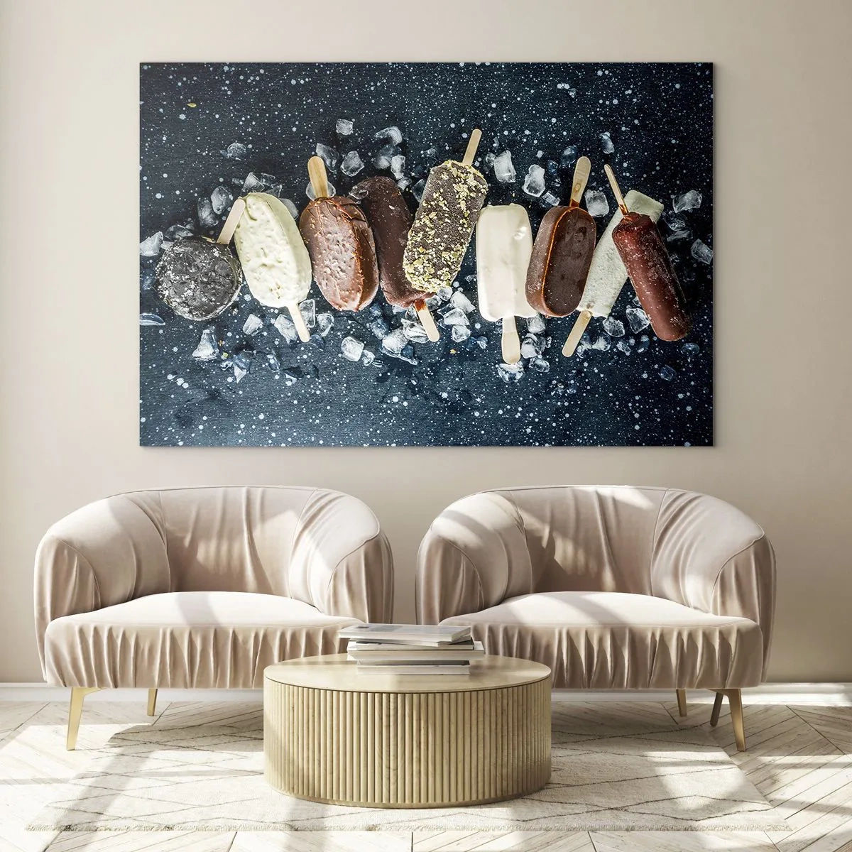 Obraz na skle - Nanuky rôznych príchutí naaranžované na kockách ľadu - 70x50cm - Chuť horúceho leta - Moderná nástenná dekorácia do obývacej izby a spálne ARTTOR