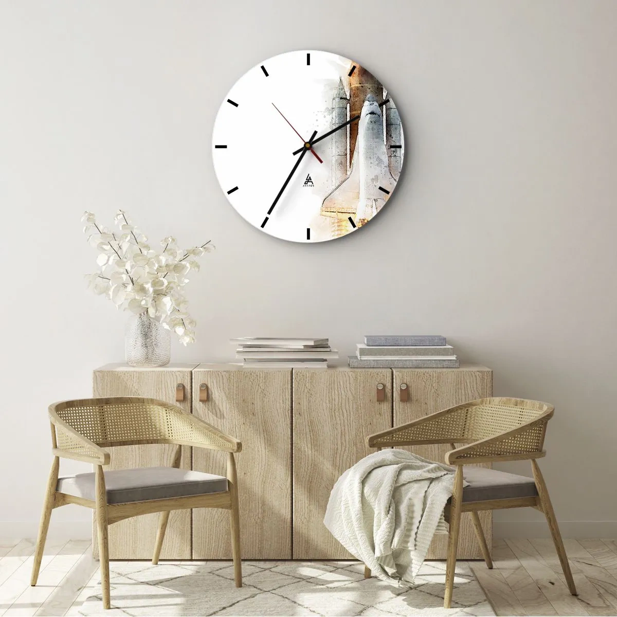 Nástenné hodiny - Štart rakety v akvarelovom štýle na bielom pozadí - 30x30cm - Prieskumníci do toho - Moderná nástenná dekorácia do obývacej izby, kuchyne a spálne ARTTOR