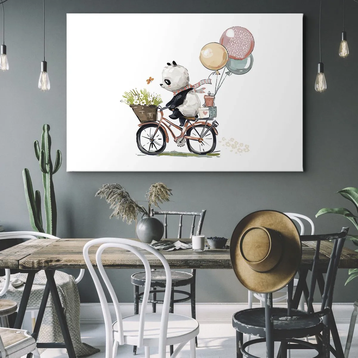 Obraz na plátne - Panda na bicykli s balónmi a kvetmi - 70x50cm - Šťastný deň - Moderná nástenná dekorácia do obývacej izby a spálne ARTTOR