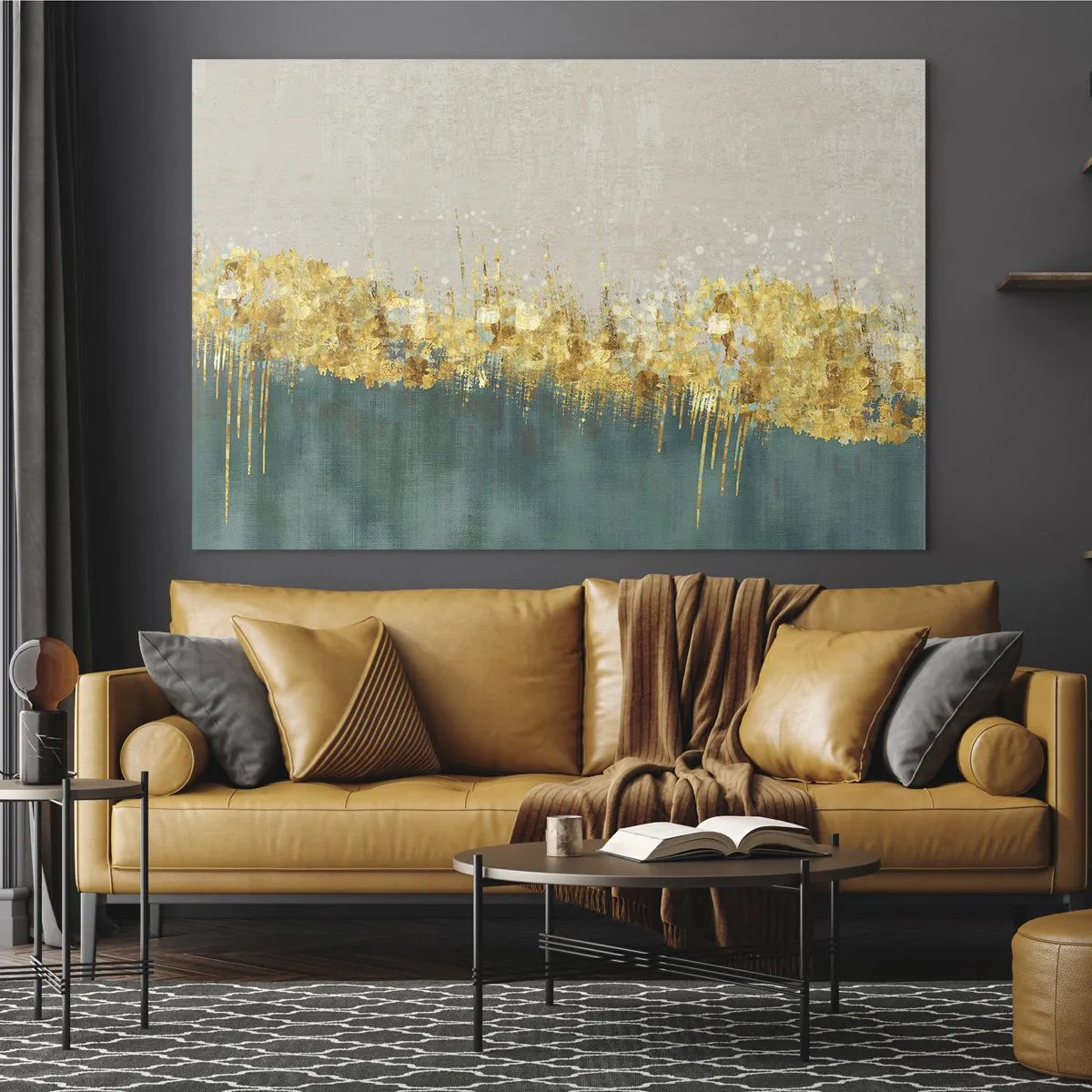Obraz na skle - Zlaté akcenty vytvárajú hranicu medzi béžovou a fľaškovozelenou - 70x50cm - Zlatá hranica - Moderná nástenná dekorácia do obývacej izby a spálne ARTTOR