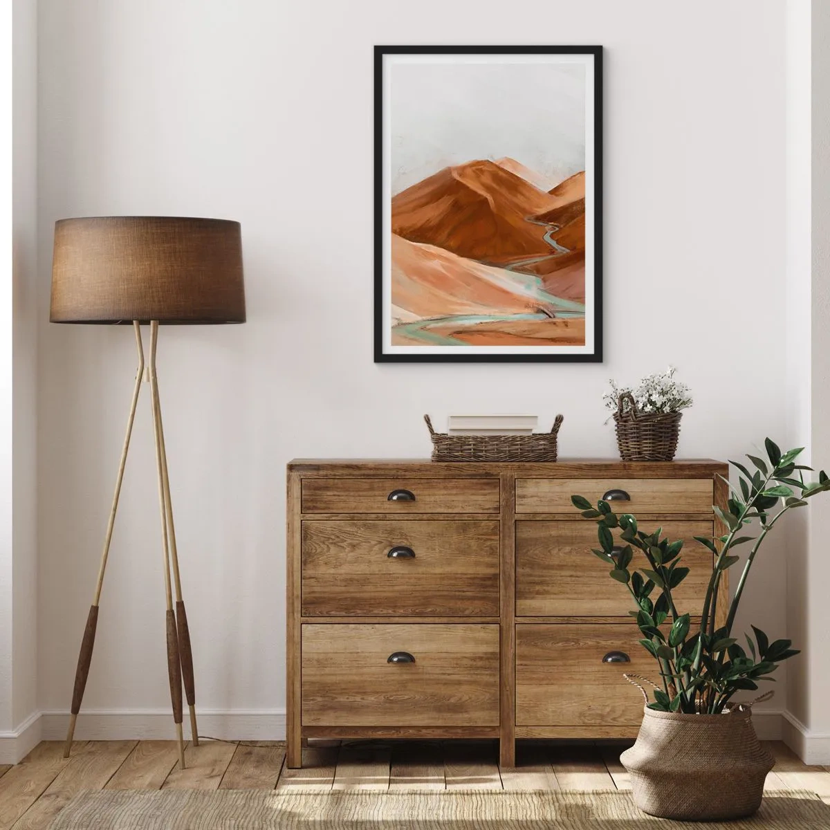 Plagát v čiernom ráme - Rieka pretekajúca hnedými horami, štylizovaná krajina - 50x70cm - K prameňu - Moderná nástenná dekorácia do obývacej izby a spálne ARTTOR