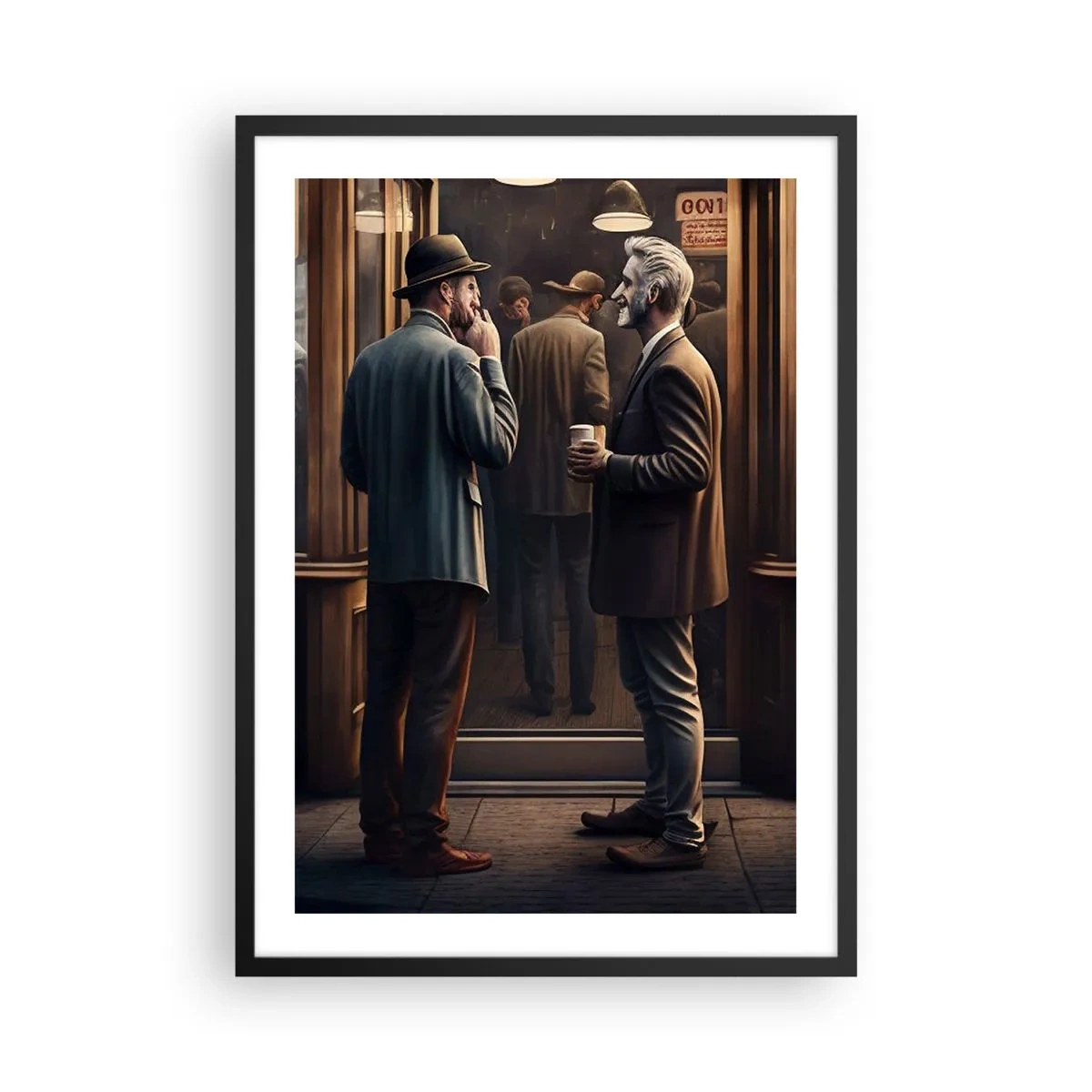 Plagát v čiernom ráme - Dvaja elegantní muži sa rozprávajú pred kaviarňou - 50x70cm - Dobrá chvíľa dňa - Moderná nástenná dekorácia do obývacej izby a spálne ARTTOR