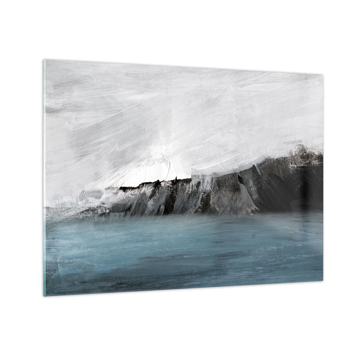 Obraz na skle - Abstraktná kompozícia v odtieňoch modrej, bielej a čiernej - 70x50cm - Voda – zem: stret živlov - Moderná nástenná dekorácia do obývacej izby a spálne ARTTOR