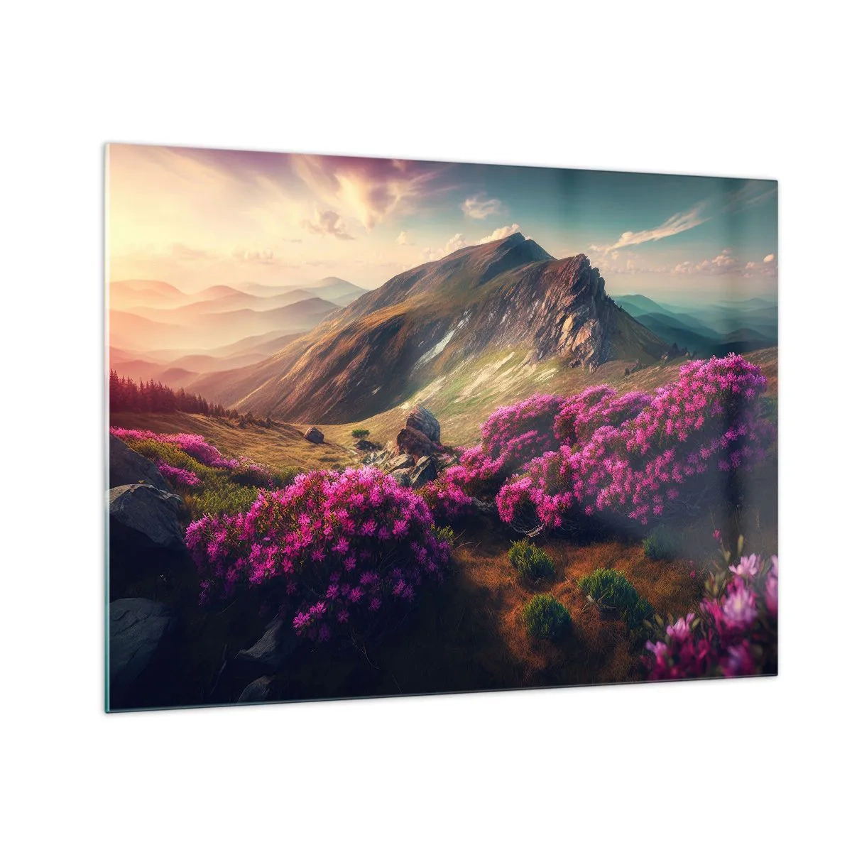 Obraz na skle - Letná horská krajina s kvitnúcim ružovým vresom - 70x50cm - Leto na horách - Moderná nástenná dekorácia do obývacej izby a spálne ARTTOR
