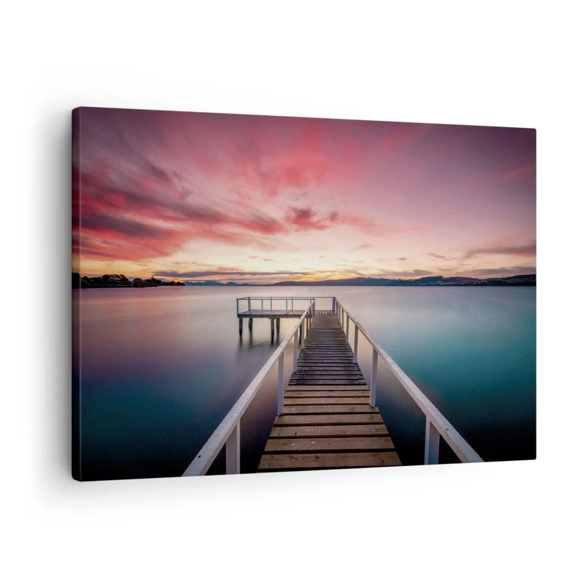 Obraz na plátne - Mólo vedúce k pokojnému jazeru pri západe slnka - 70x50cm - Jemný plameň večera - Moderná nástenná dekorácia do obývacej izby a spálne ARTTOR